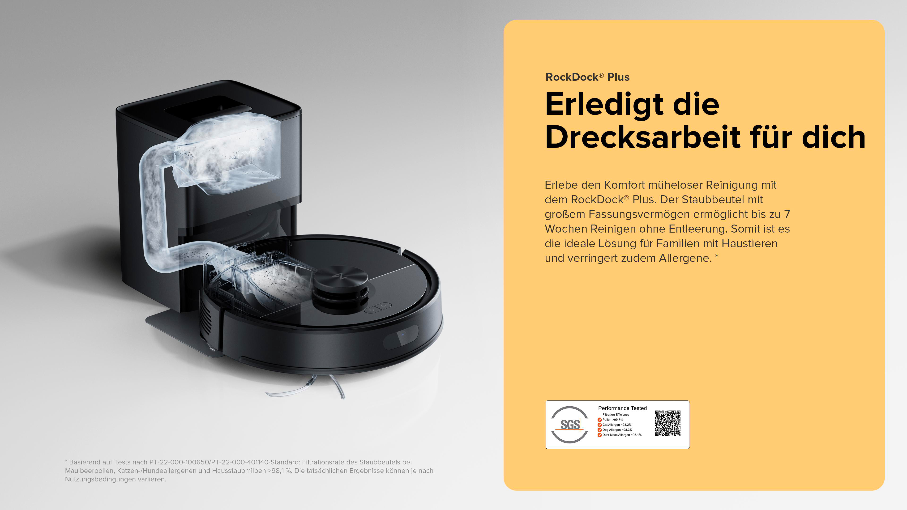 Roboter-Staubsauger mit Ladestation. Text: Erledigt die Drecksarbeit für dich.