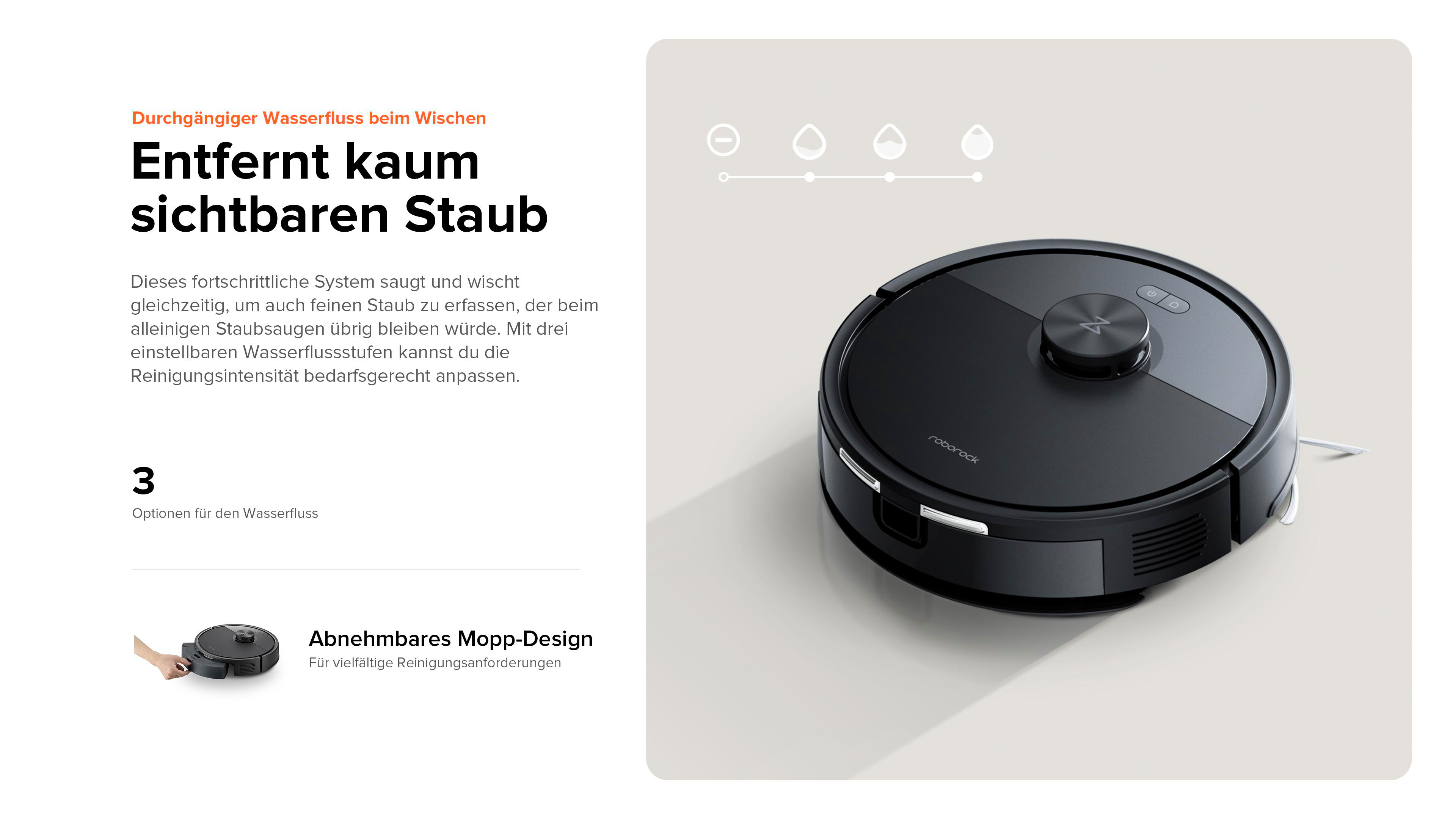 Roboter-Staubsauger von oben mit 3 Wasserflussoptionen. Text: Entfernt kaum sichtbaren Staub.