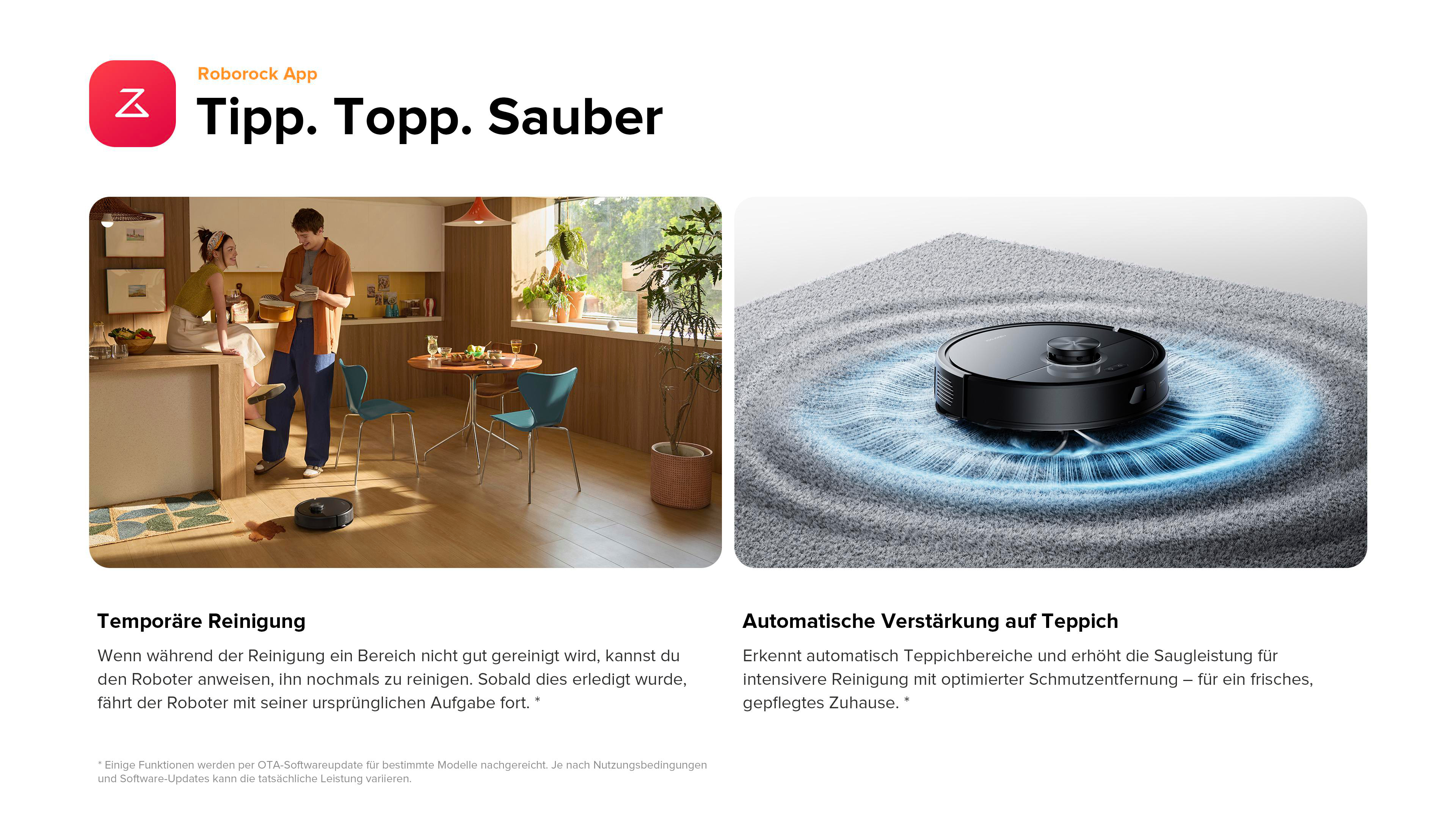 Zwei Bilder: eine Küche und ein Roboter-Staubsauger auf Teppich.