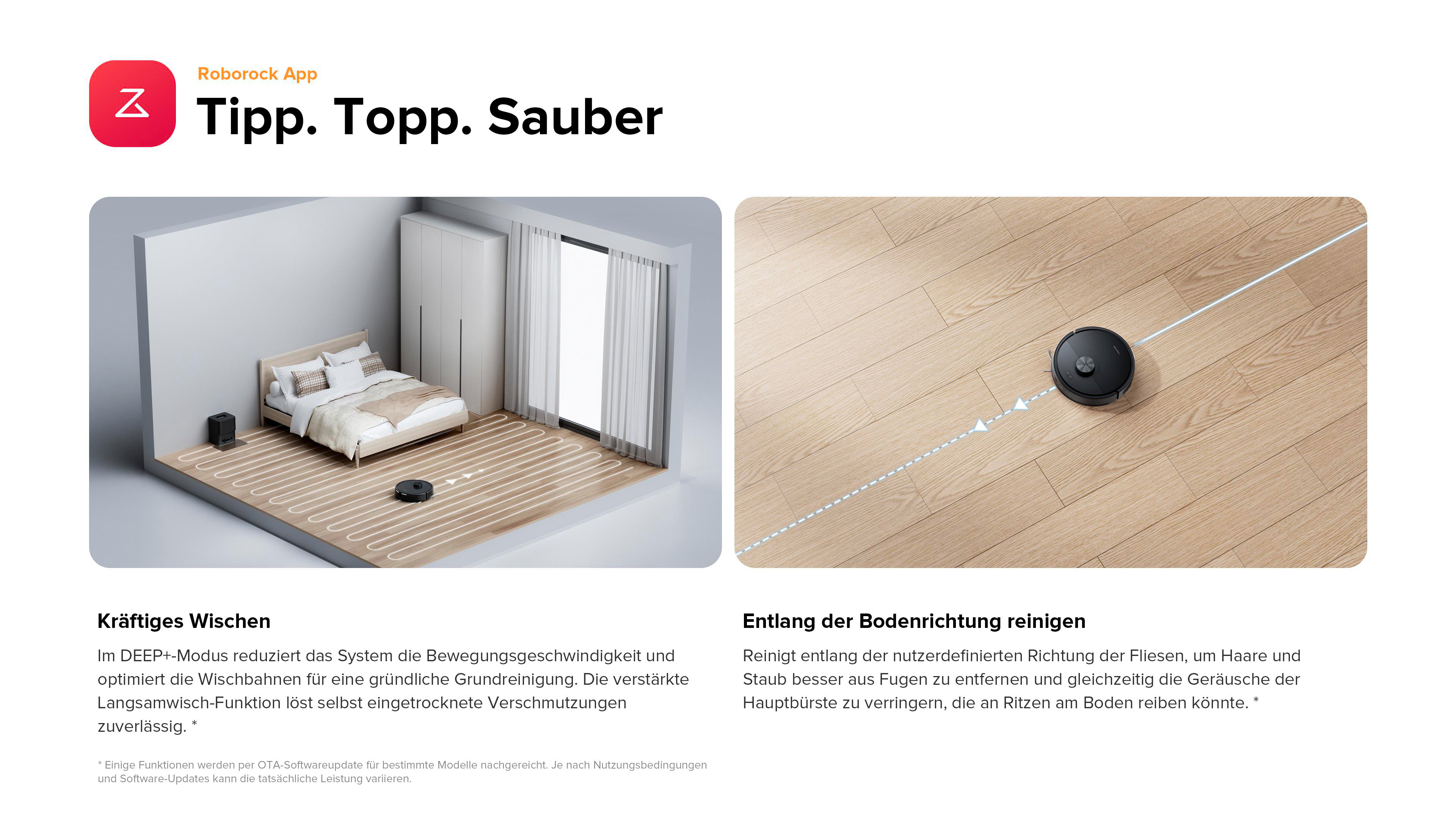 Zwei Bilder: Schlafzimmer und Roboter-Staubsauger reinigen Holzboden.