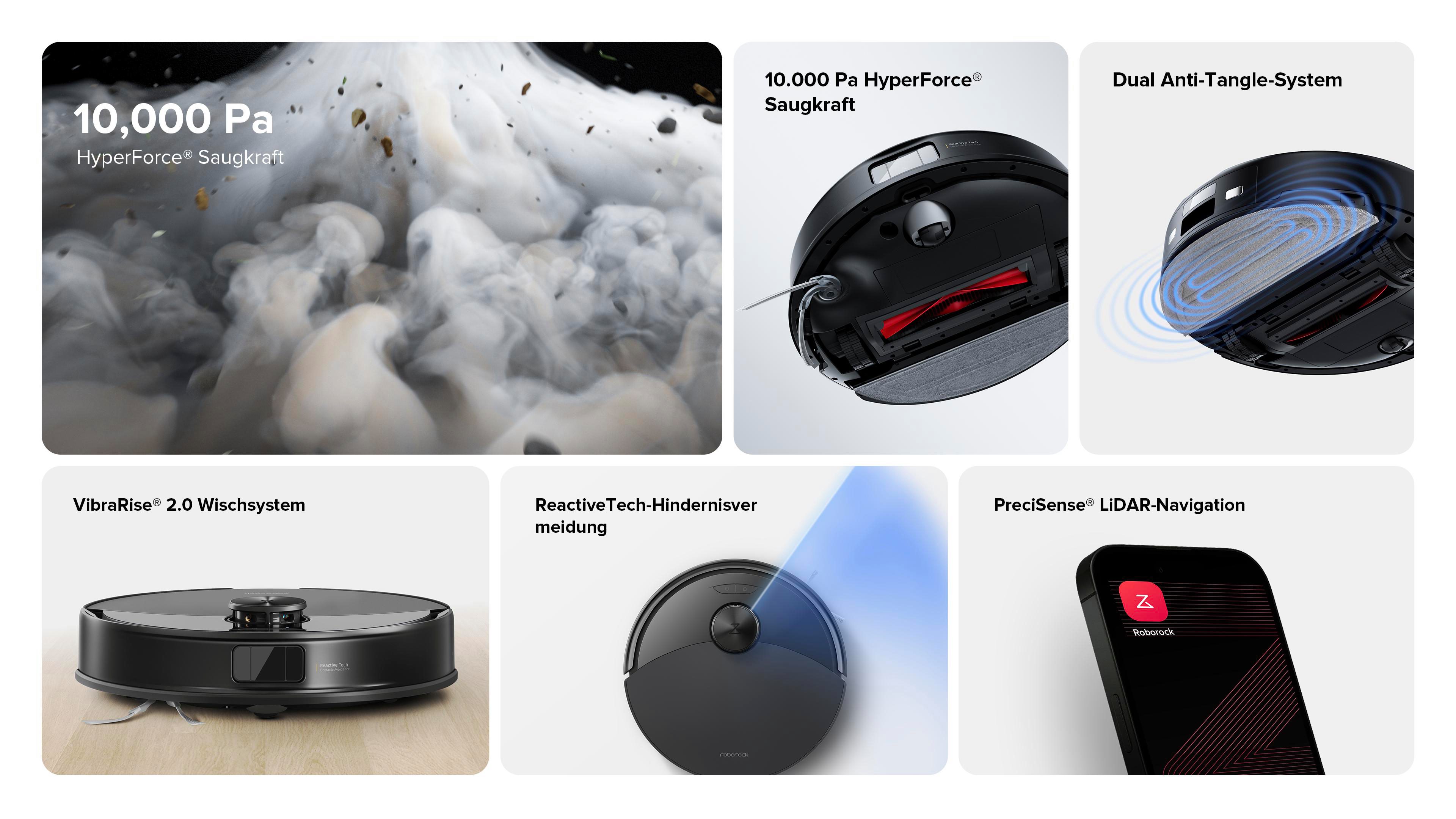 Sechs Bilder, die die Funktionen eines Roboter-Staubsaugers zeigen.