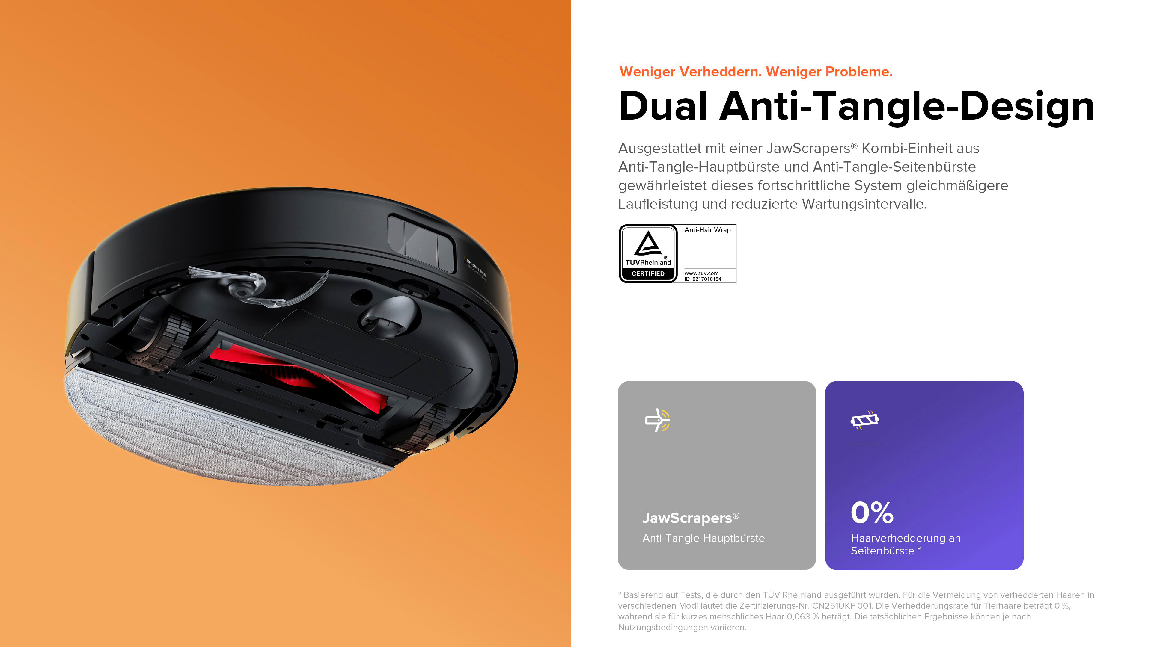 Roboter-Staubsauger mit Details zum doppelten Anti-Verwicklungs-Design.