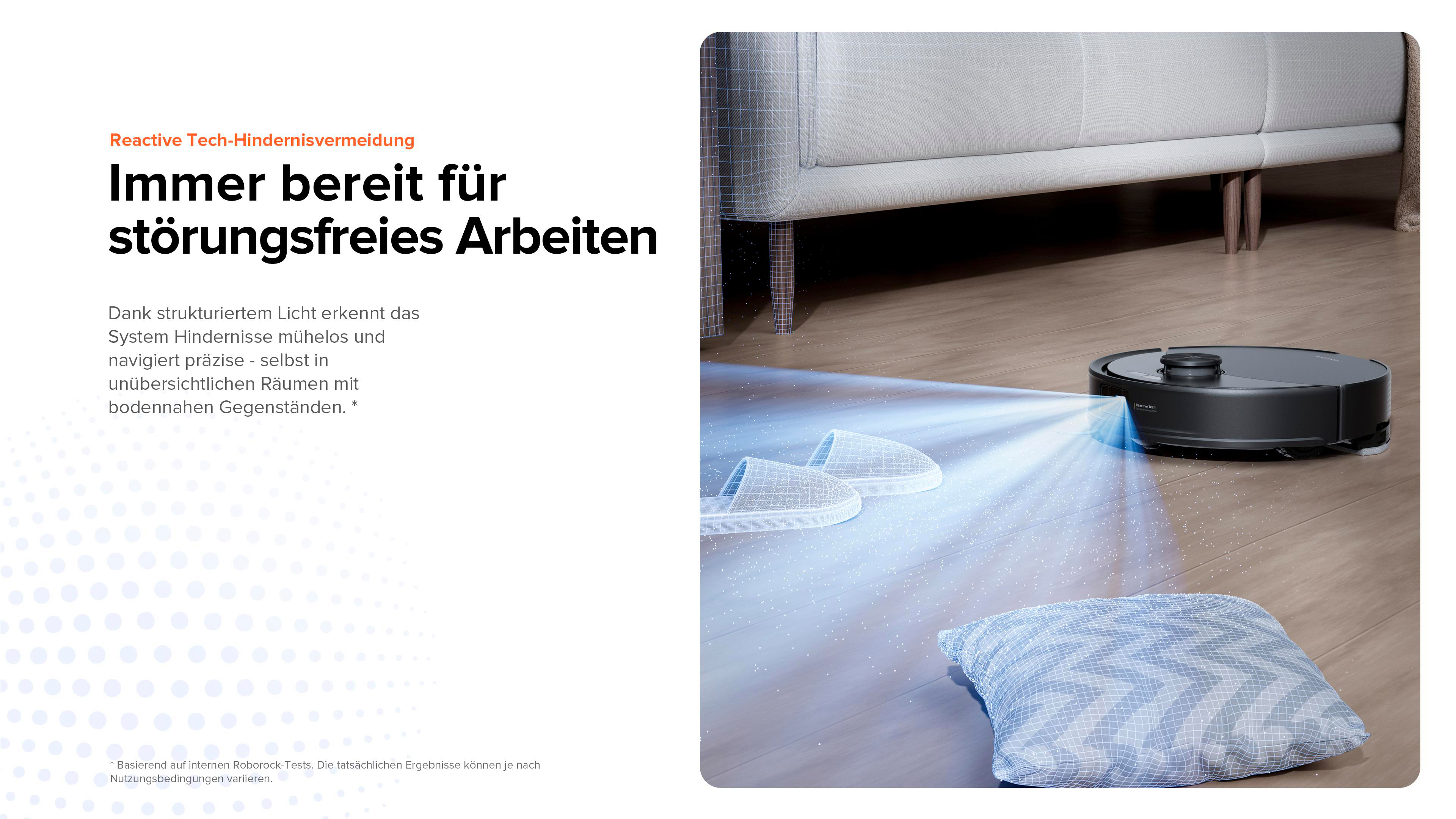 Zwei Bilder: eine Küche und ein Roboter-Staubsauger auf Teppich.