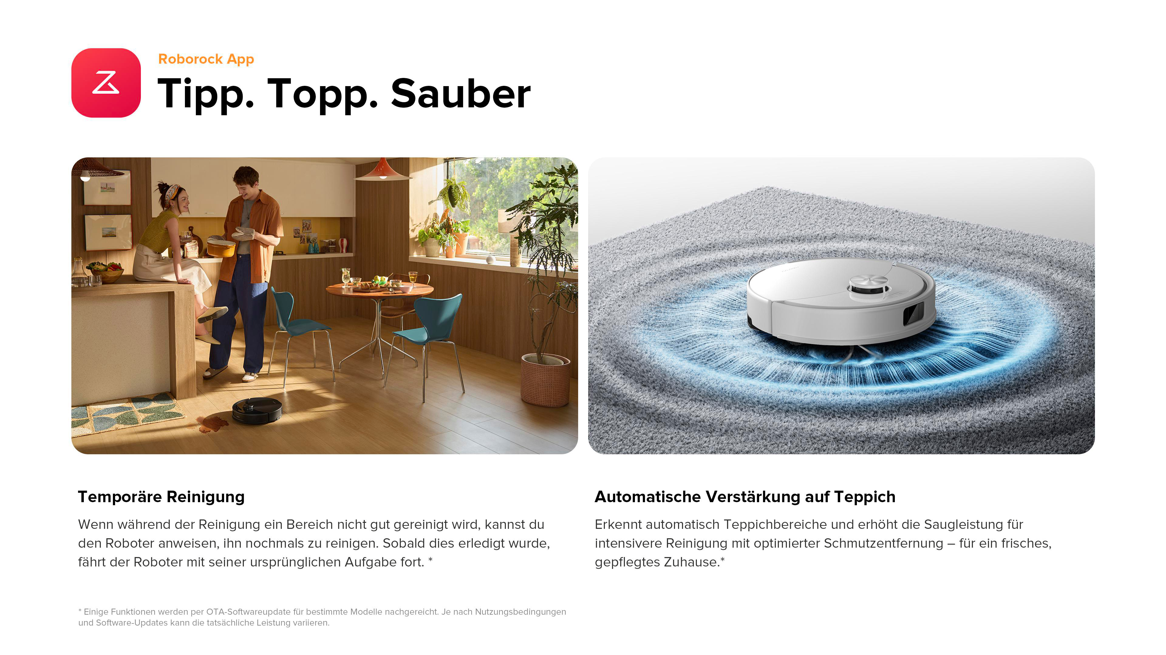 Zwei Bilder: Schlafzimmer und Roboter-Staubsauger reinigen Holzboden.