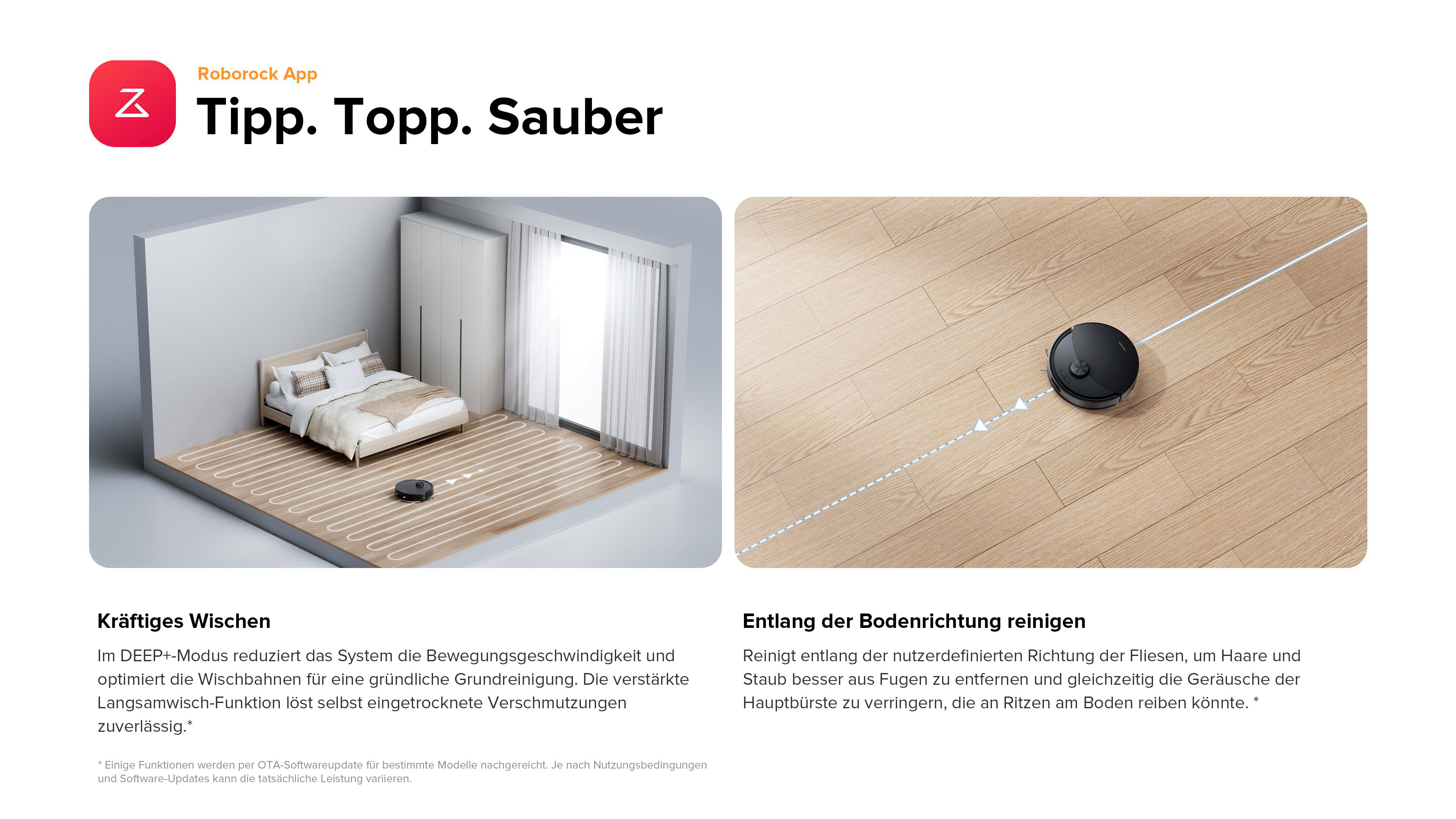 Nahaufnahme eines schwarzen Roboter-Staubsaugers mit Text und Symbolen.