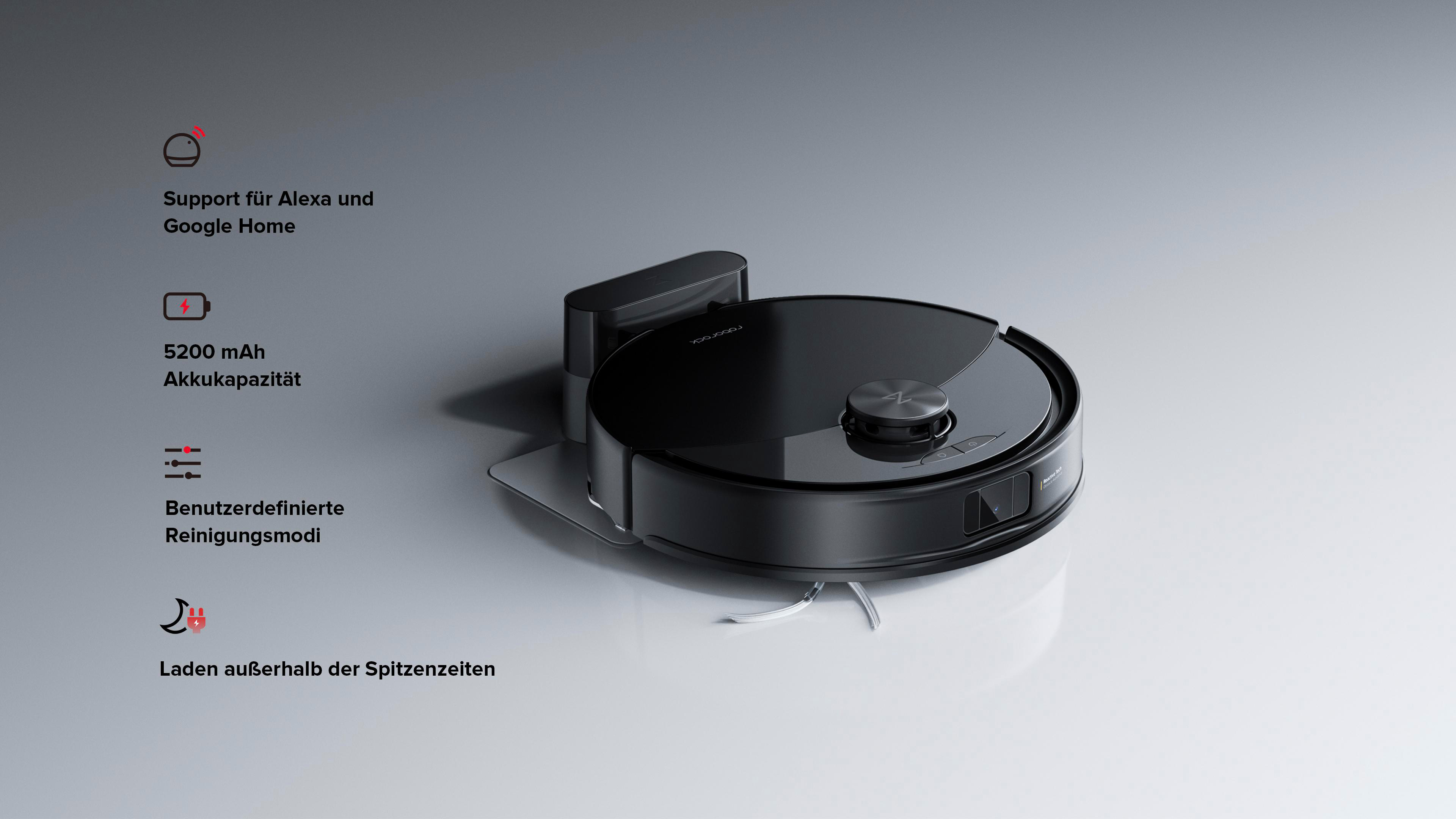 Nahaufnahme eines schwarzen Roboter-Staubsaugers mit Ladestation.