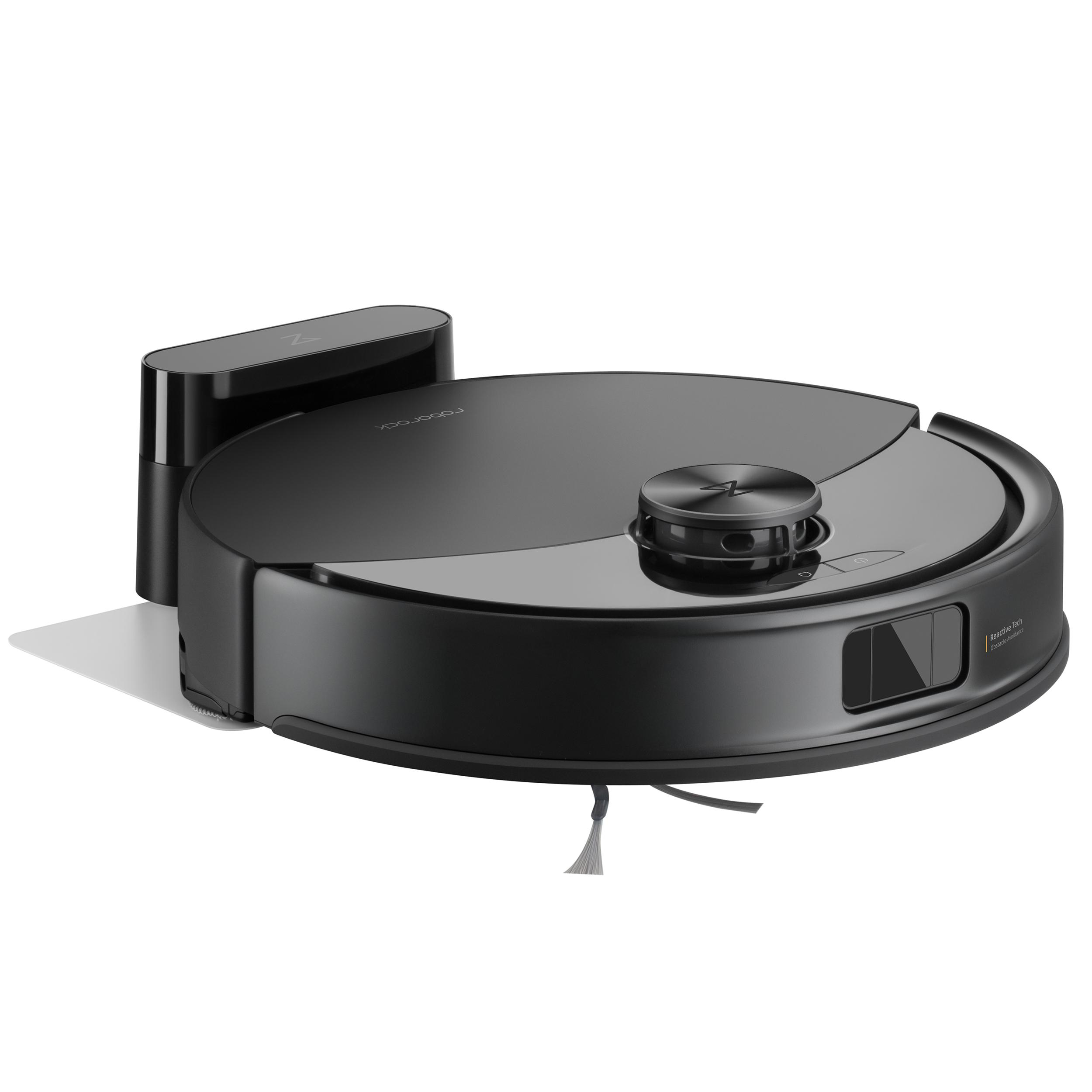 Schwarzer Roboter-Staubsauger mit Ladestation, schräge Ansicht, weißer Hintergrund.