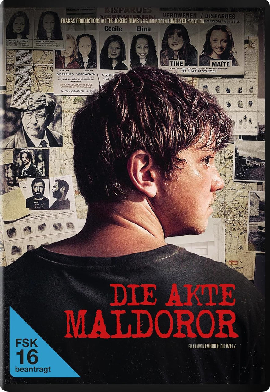Filmcover. Seitenprofil eines Mannes, Text 'Die Akte Maldoror' in Rot. Hintergrund ist eine Detektivtafel.