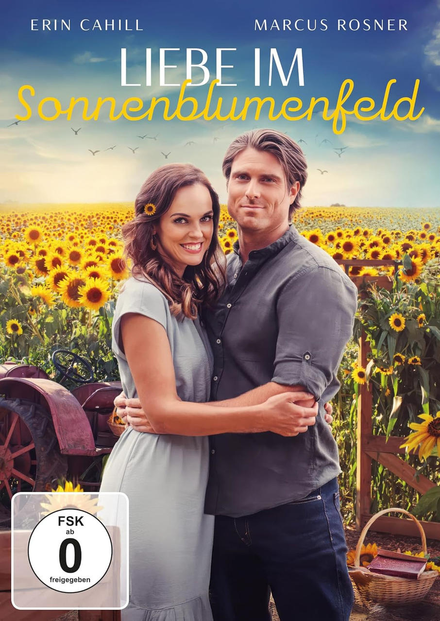 Filmcover: Paar in Sonnenblumen. Titel: 'Liebe im Sonnenblumenfeld'.