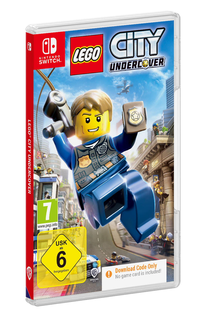 Lego City Undercover Spielhülle. Lego-Polizist mit Waffe in einer Stadtszene. Blaue und weiße Farben.