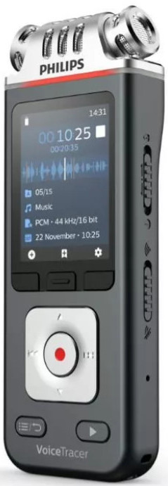 Rejestrator Philips VoiceTracer. Posiada ekran wyświetlający informacje audio. Zawiera przycisk nagrywania i mikrofon.