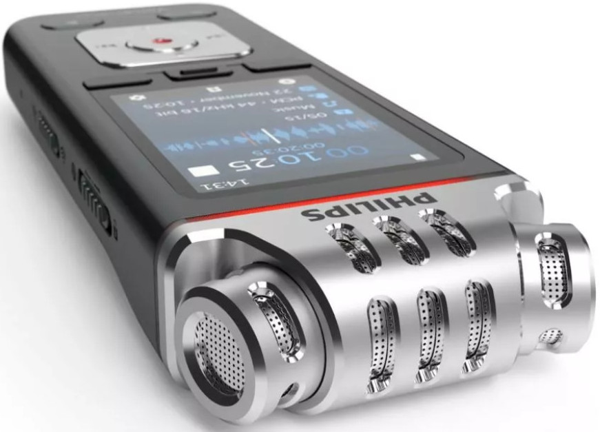 Rejestrator głosu Philips. Czarny korpus ze srebrnym mikrofonem. Ekran LCD wyświetla informacje. Czerwony pasek akcentujący.