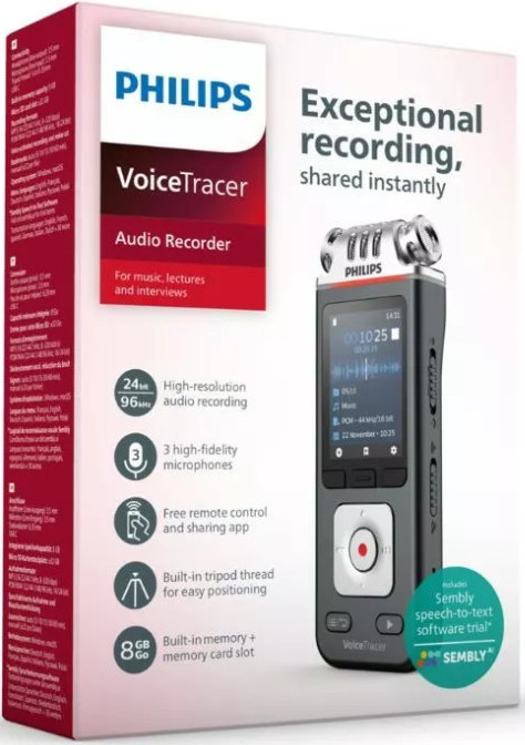 Rejestrator audio Philips VoiceTracer z pudełkiem. Funkcje: nagrywanie w wysokiej rozdzielczości, 3 mikrofony, pilot, gwint statywu i 8 GB pamięci.