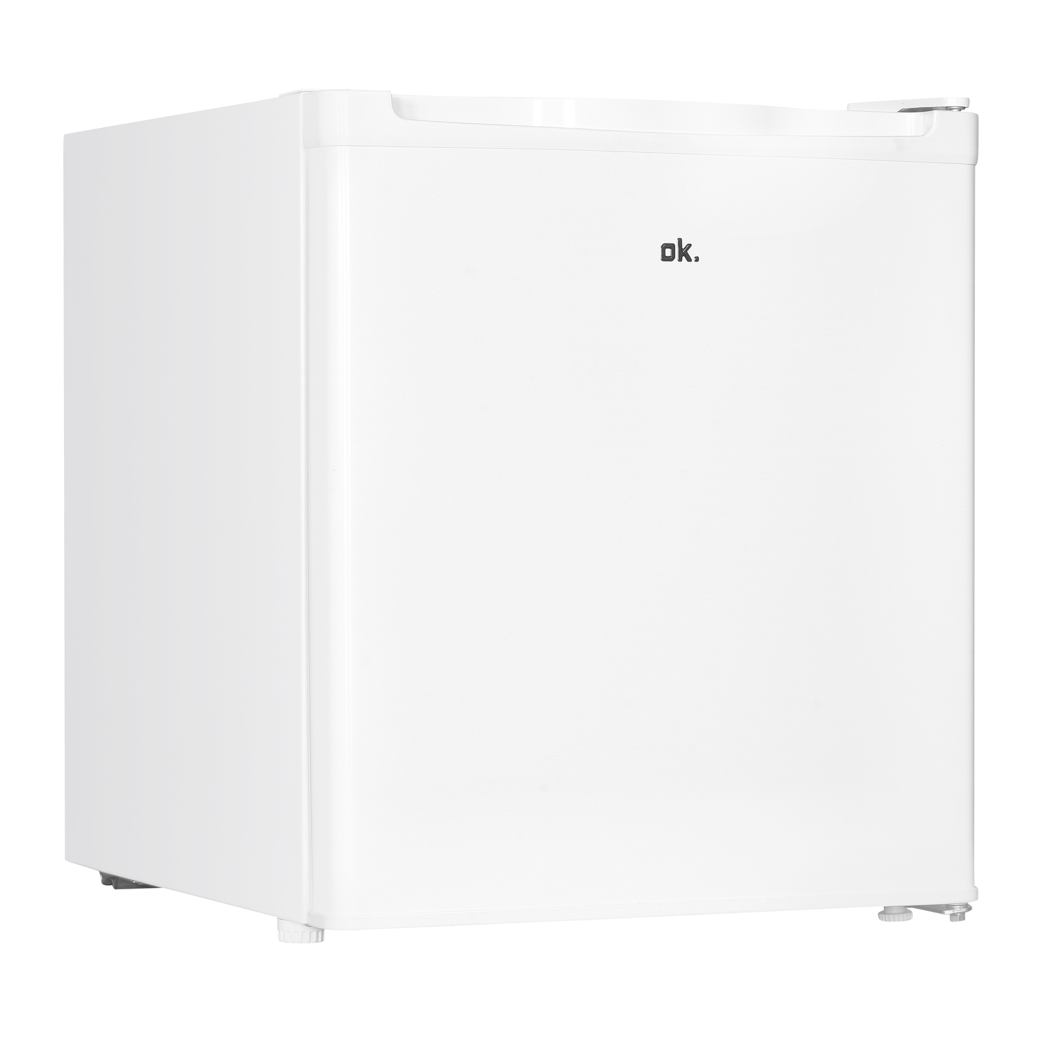 White mini-fridge, slightly angled, with the word "ok." on it.