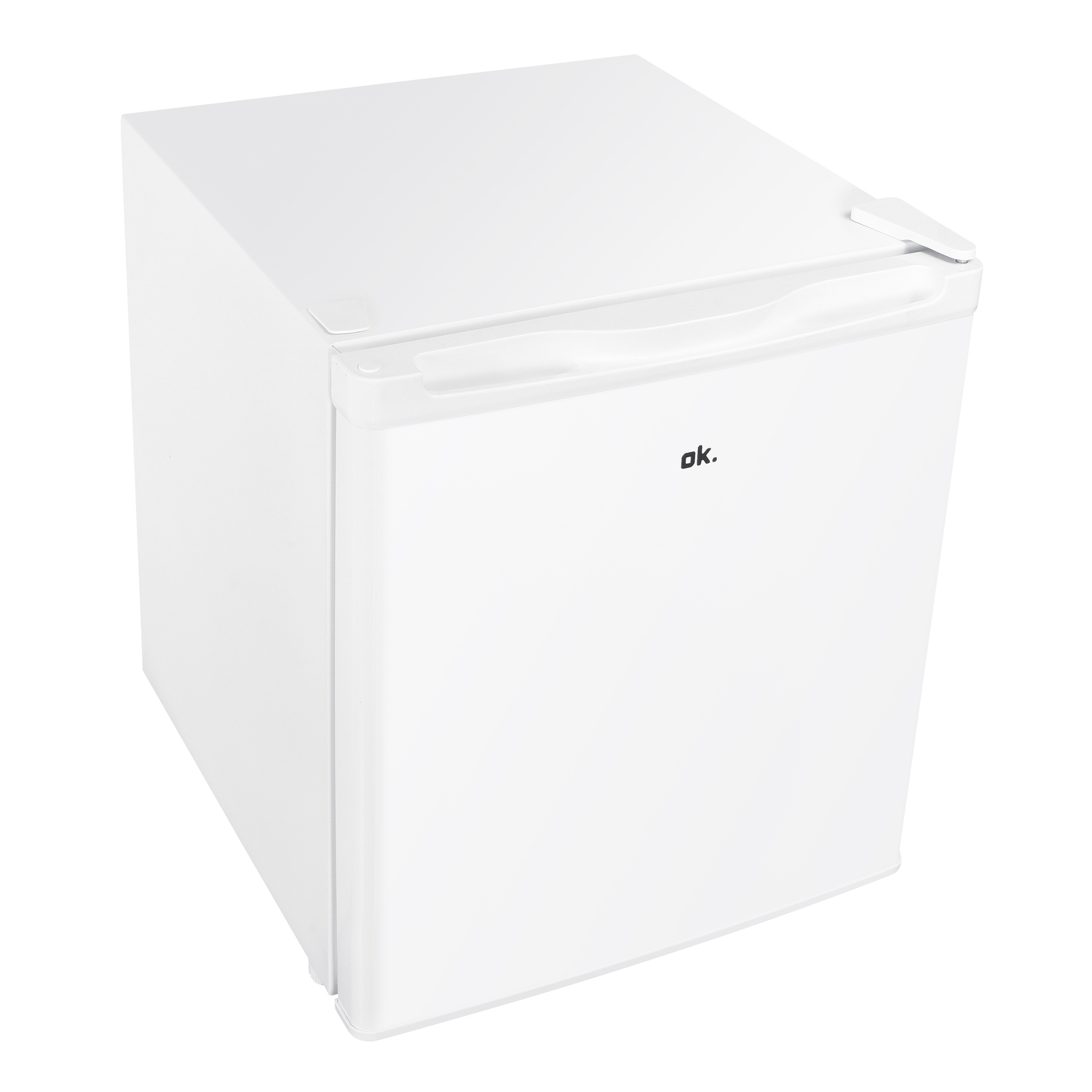 White mini-fridge, from an angle, with the word "ok." on it.