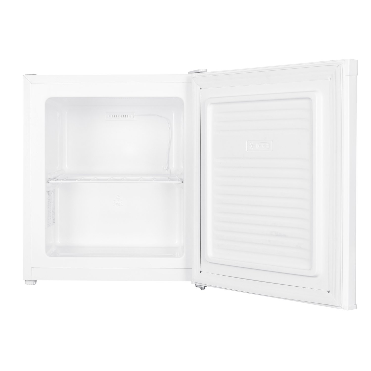 White mini-fridge with the door open showing shelves and space.