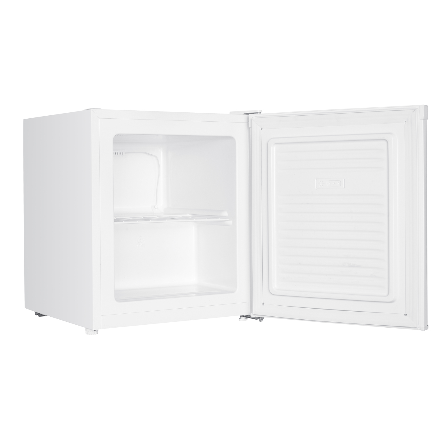 White mini-fridge with the door open, showing shelves and interior.
