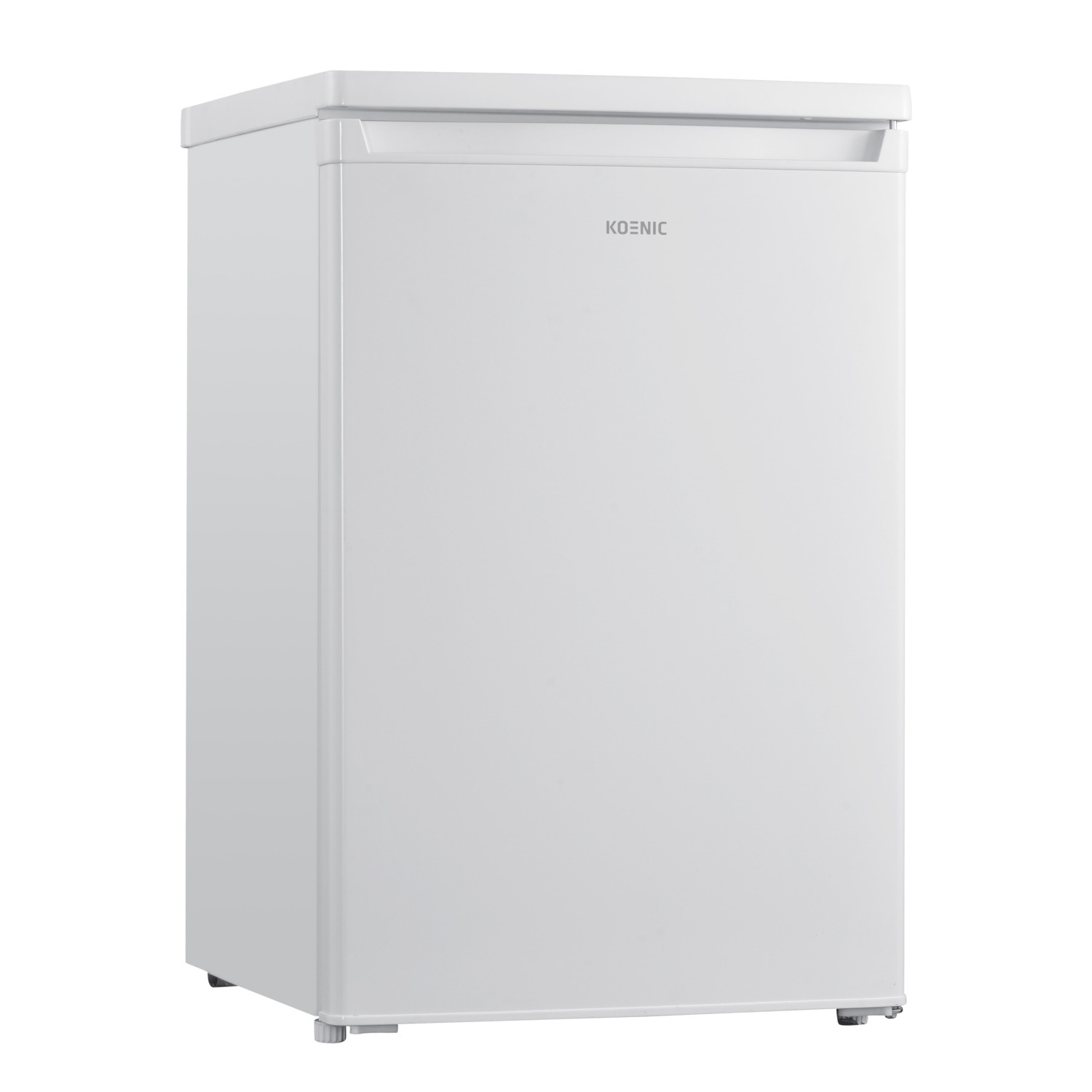 White Koenic mini-fridge, slightly angled, door closed.