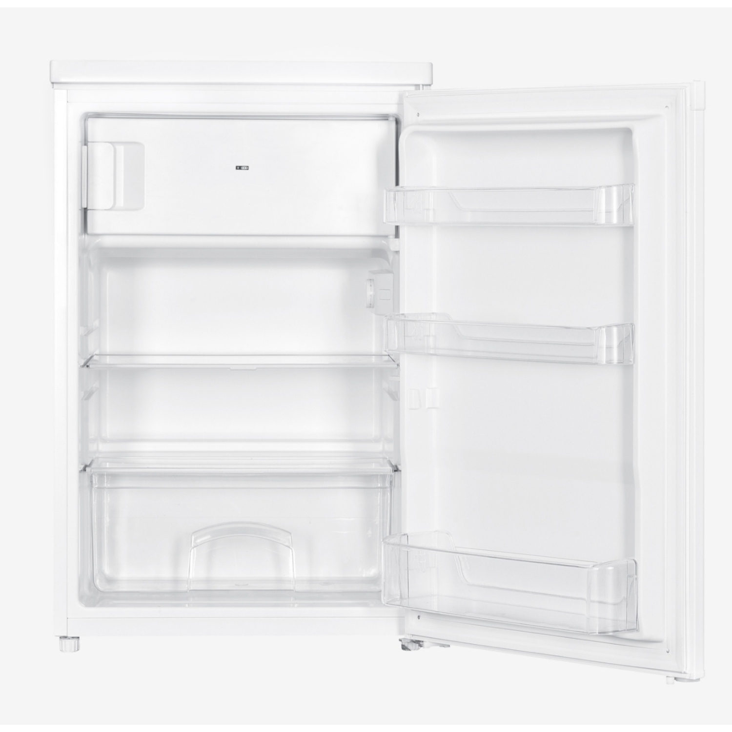 White Koenic mini-fridge with open door, showing shelves and interior.