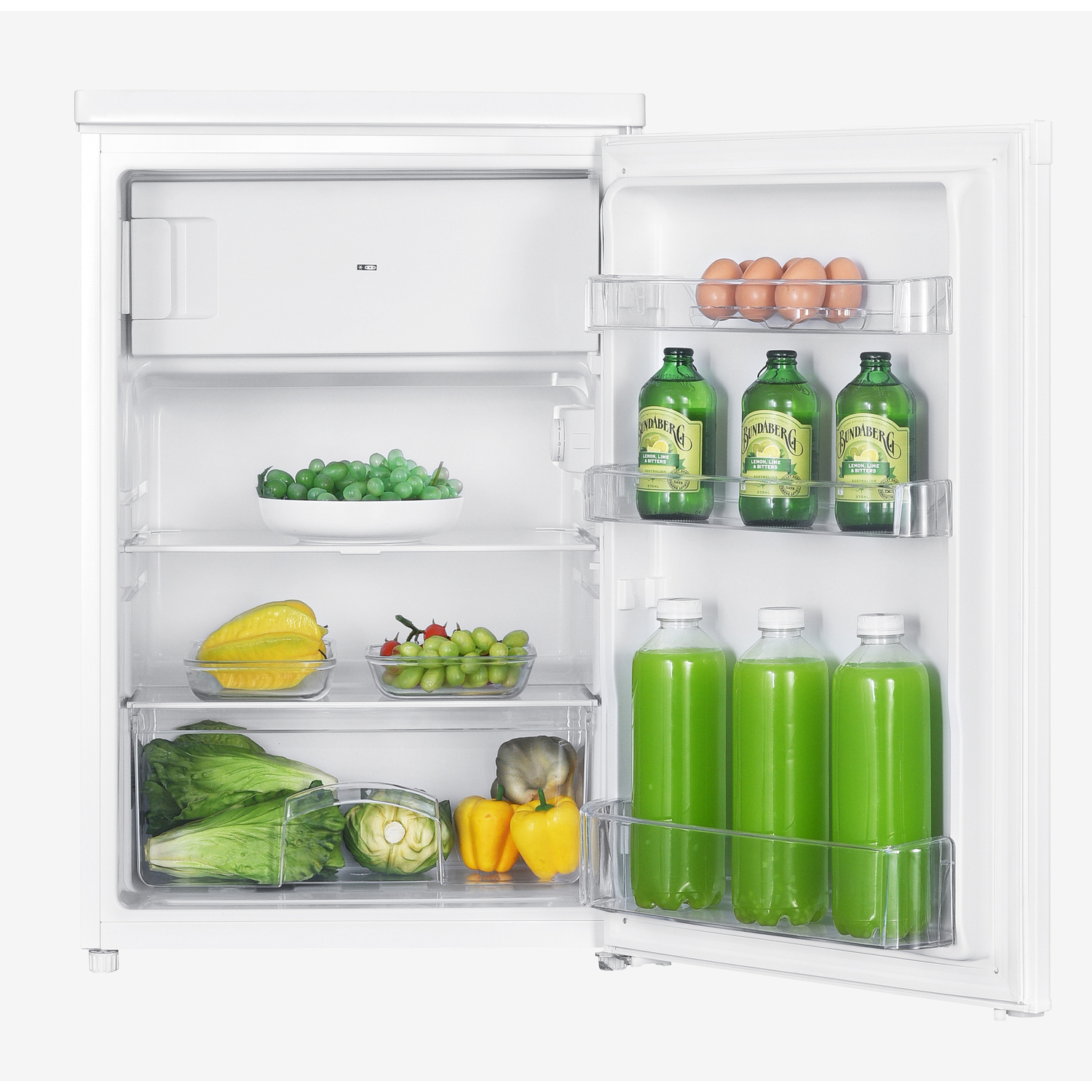 White Koenic mini-fridge, door open, filled with food and drinks.