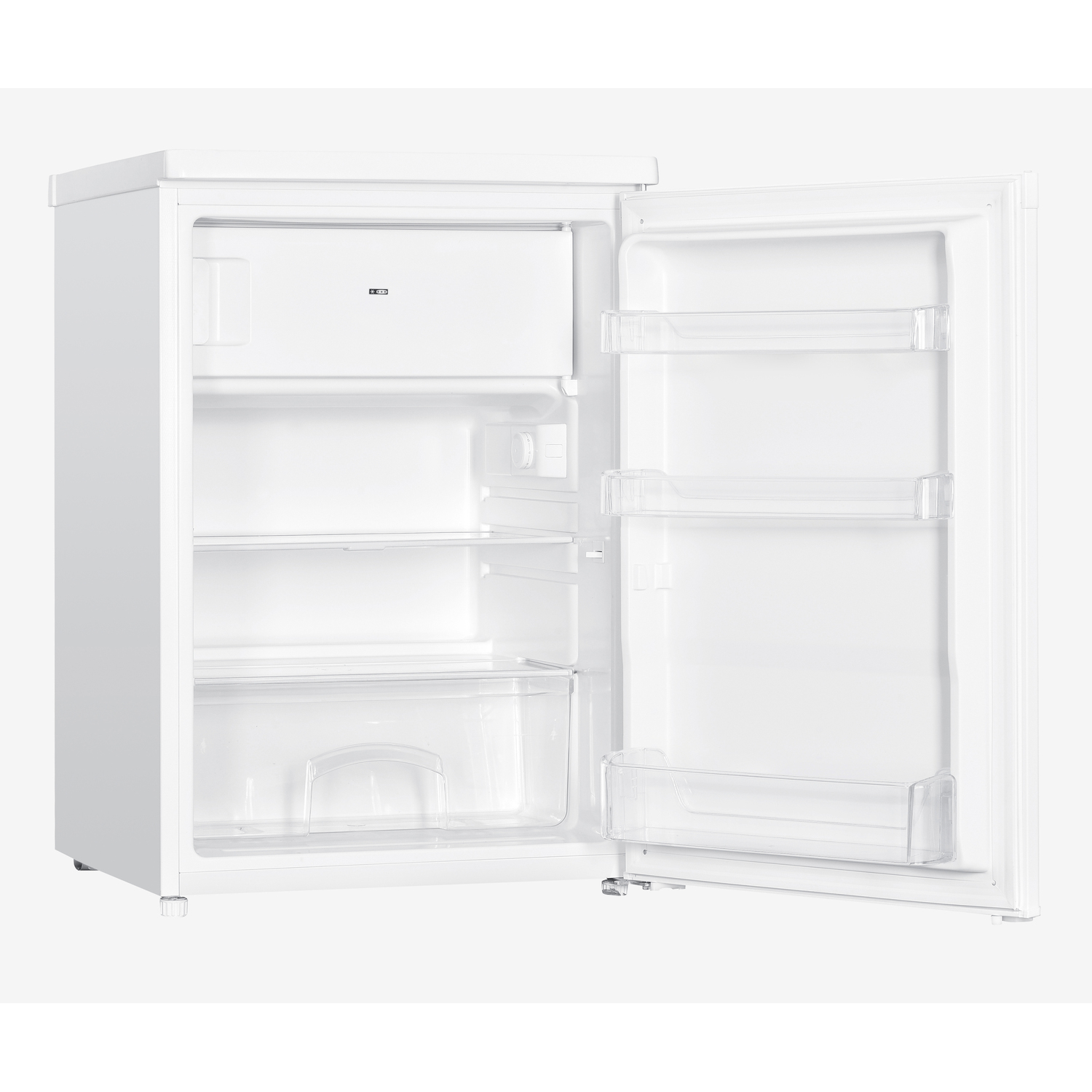 White Koenic mini-fridge, door open, showing shelves and interior.