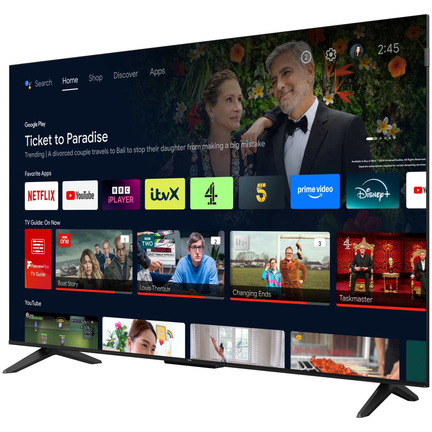 TCL Android TV. L'écran affiche l'interface Google Play avec des vignettes de films et d'émissions.