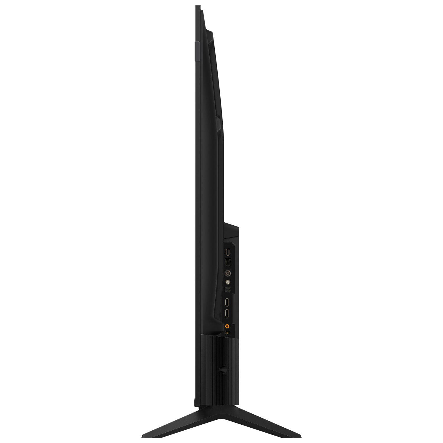 Vue latérale d'un téléviseur noir, avec ports et pied.