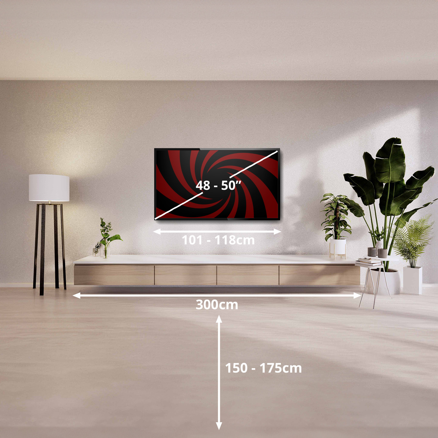 Intérieur avec un téléviseur au mur. Les dimensions et la distance sont marquées.
