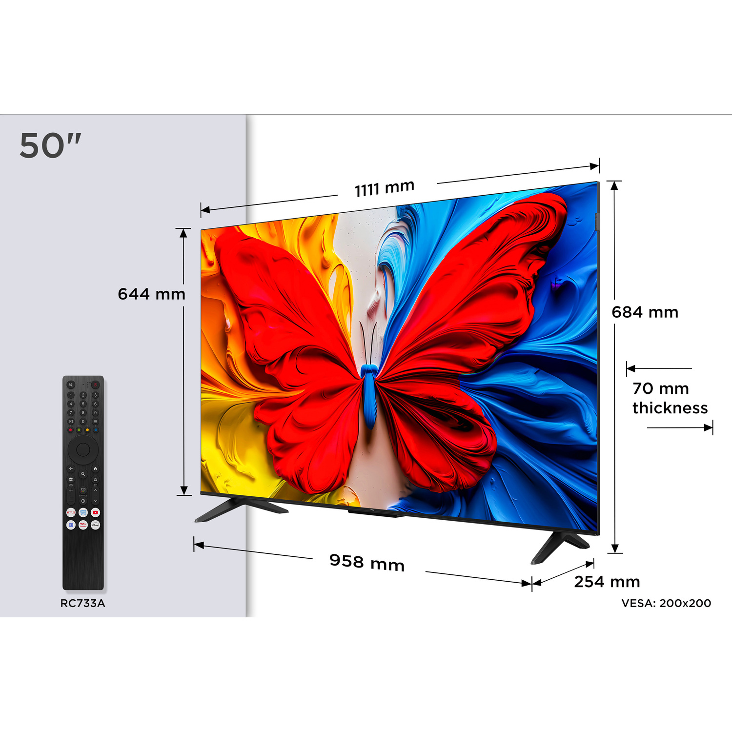 TV 50" avec mesures et télécommande. Affiche un art de papillon.