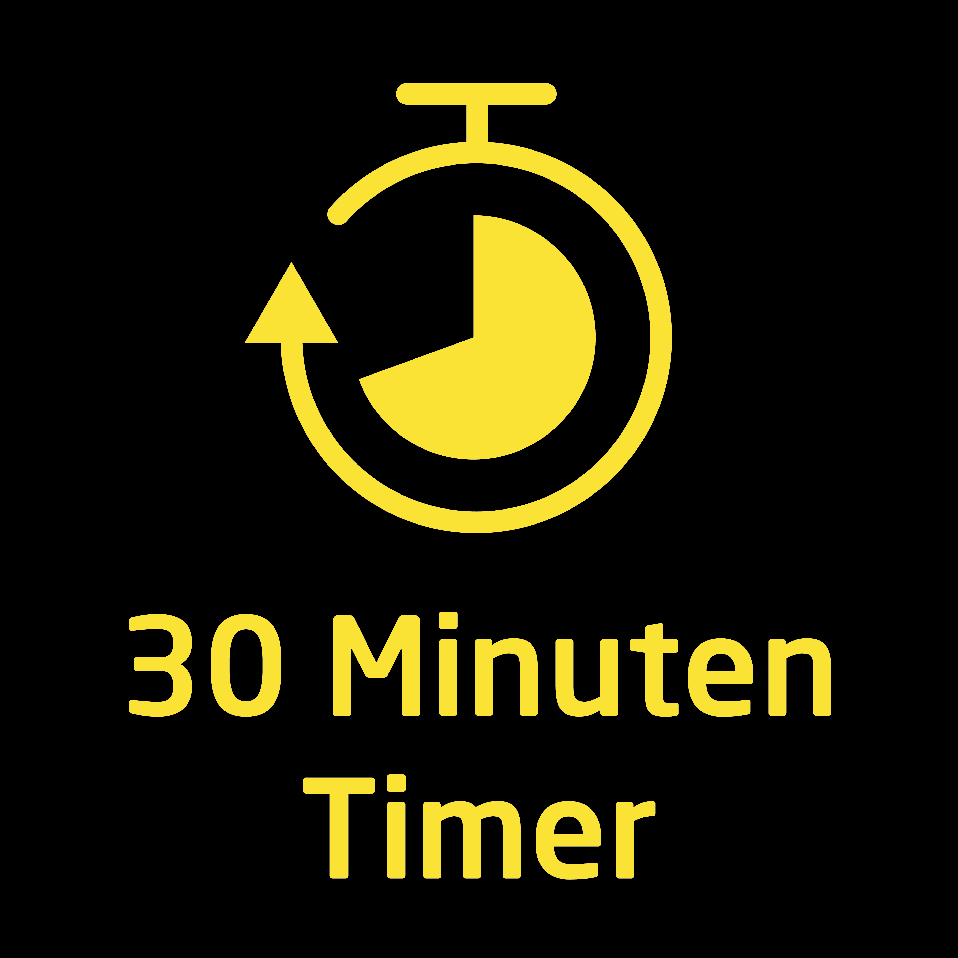 Gelbes Timer-Symbol, 30-Minuten-Timer-Text, auf schwarzem Hintergrund.