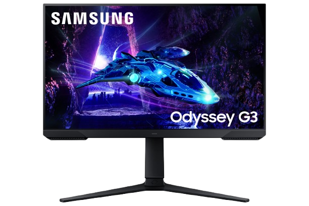 Monitor Samsung Odyssey G3. Una nave espacial volando por una escena espacial. 'Odyssey G3' visible.