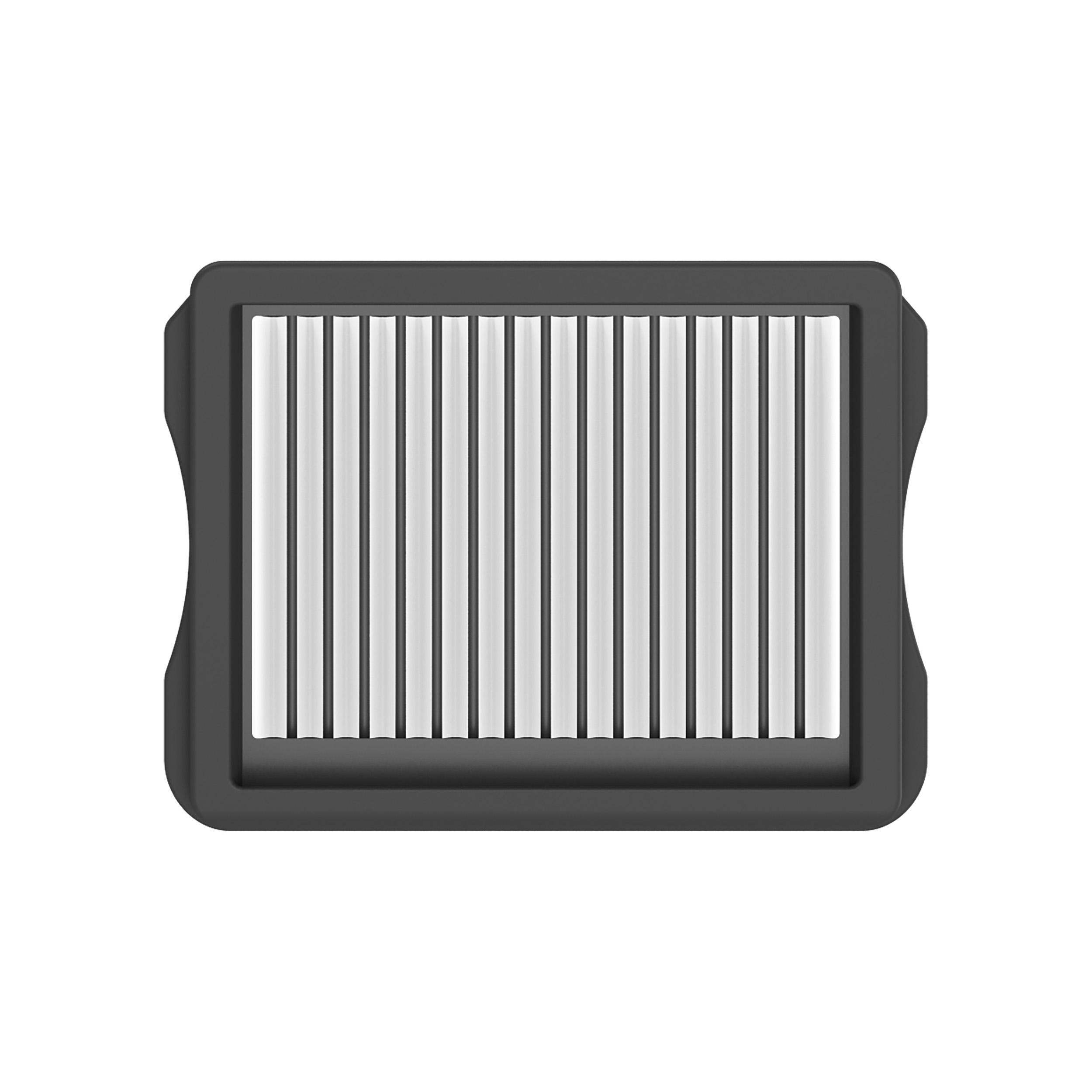 Schwarzer rechteckiger Staubsaugerfilter mit vertikalen weißen Linien.