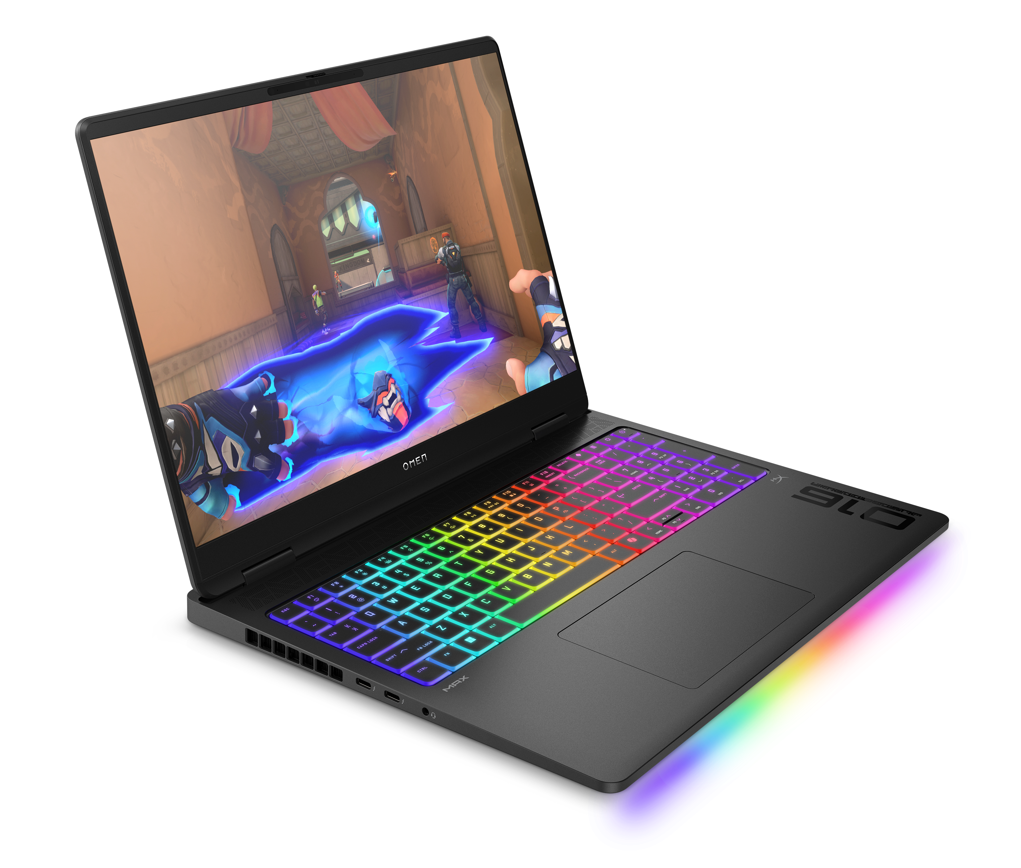 Schwarzer Laptop mit farbiger Tastatur, der ein Spiel spielt. Schwarzer Hintergrund.