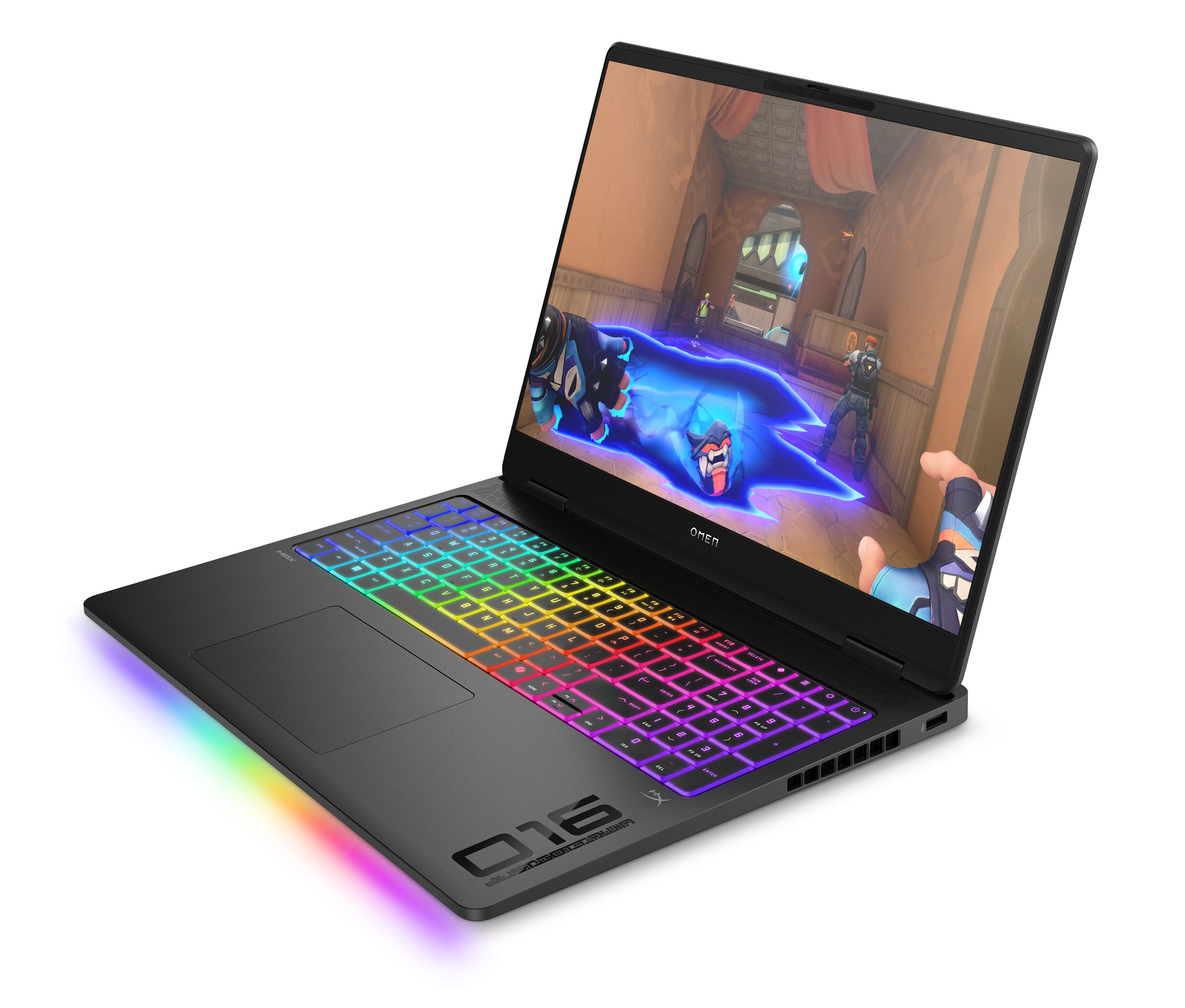 Schwarzer Laptop mit farbiger Tastatur. Anzeige eines Spiels. Schwarzer Hintergrund.