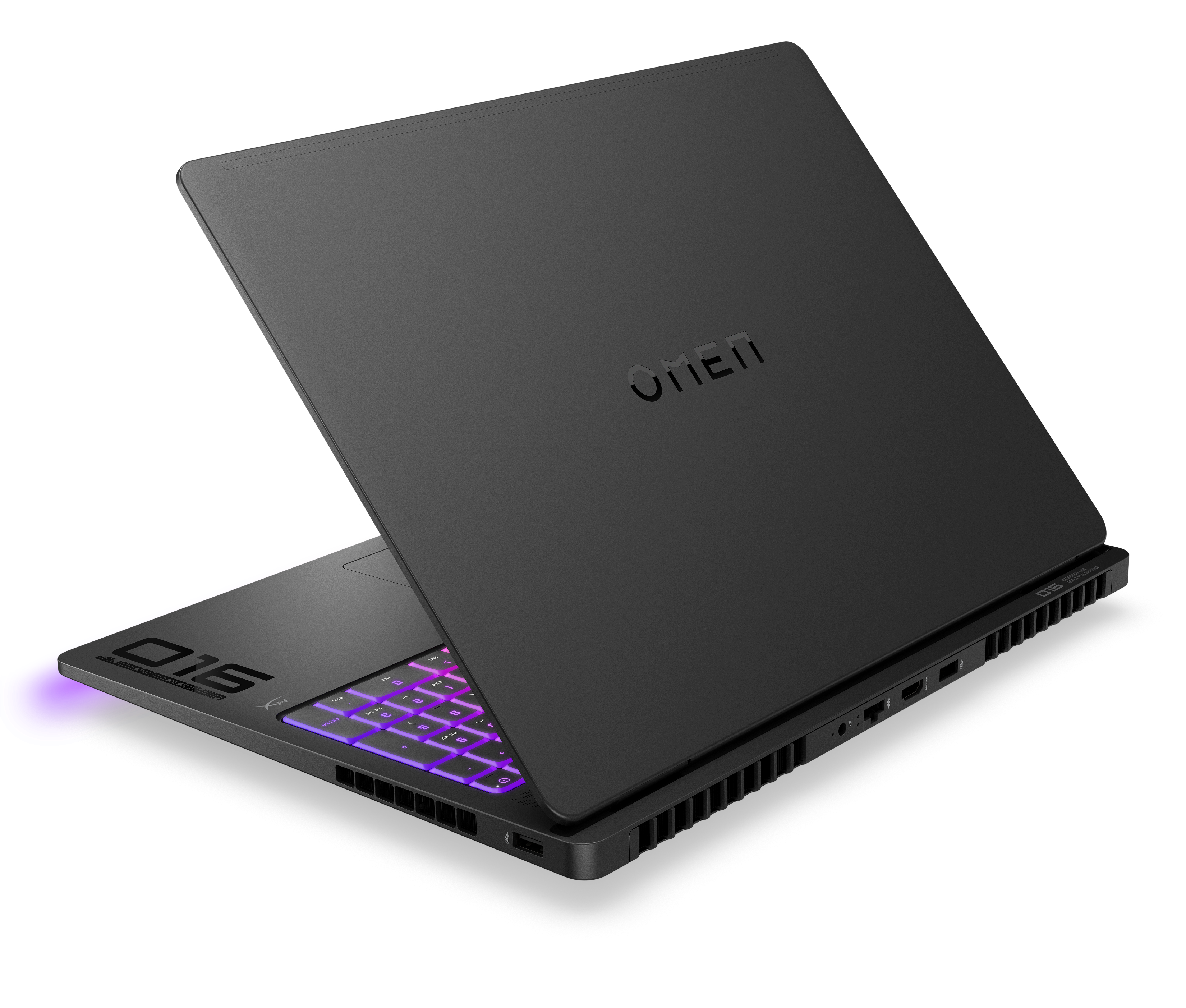 Schwarzer Laptop geschlossen. OMEN-Logo. Schwarzer Hintergrund. Seitenansicht, Lüfter sichtbar.