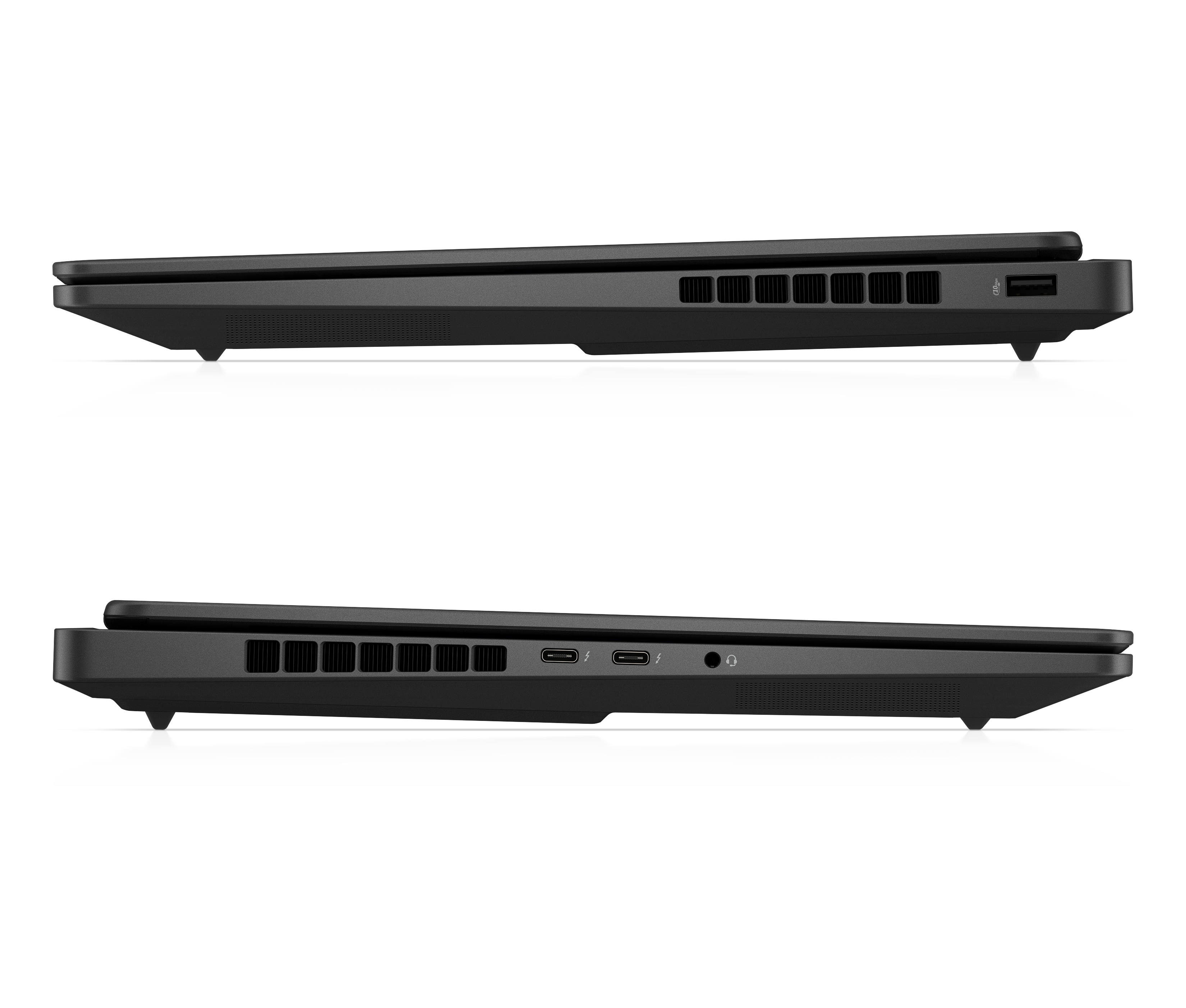 Seitenansicht eines schwarzen Laptops auf weißer Oberfläche. Anschlüsse und Lüfter sind sichtbar.