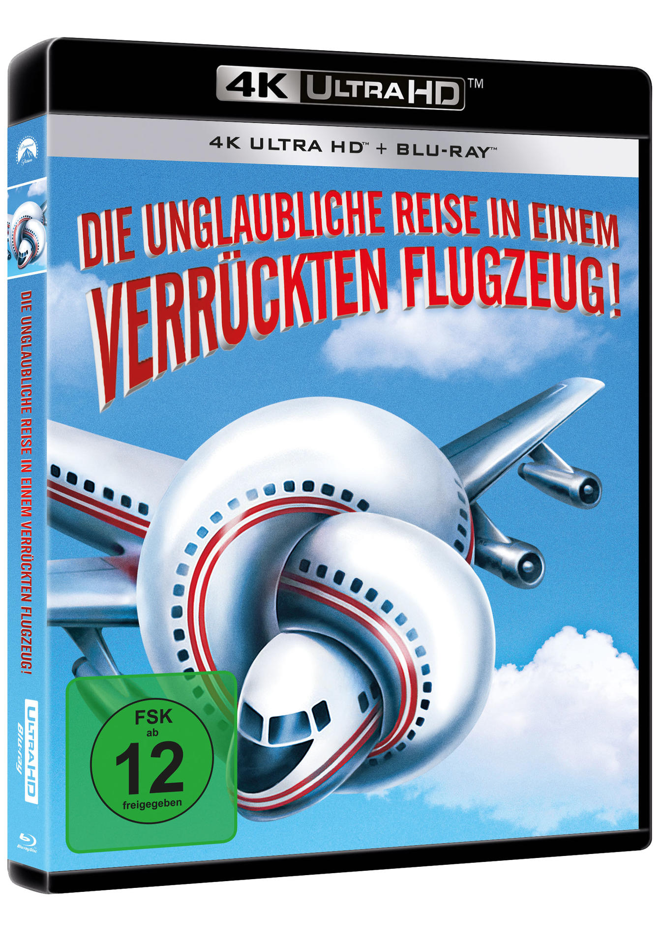 4K Ultra HD-Cover: Verdrehtes Flugzeug vor blauem Himmel. Titel auf Deutsch.