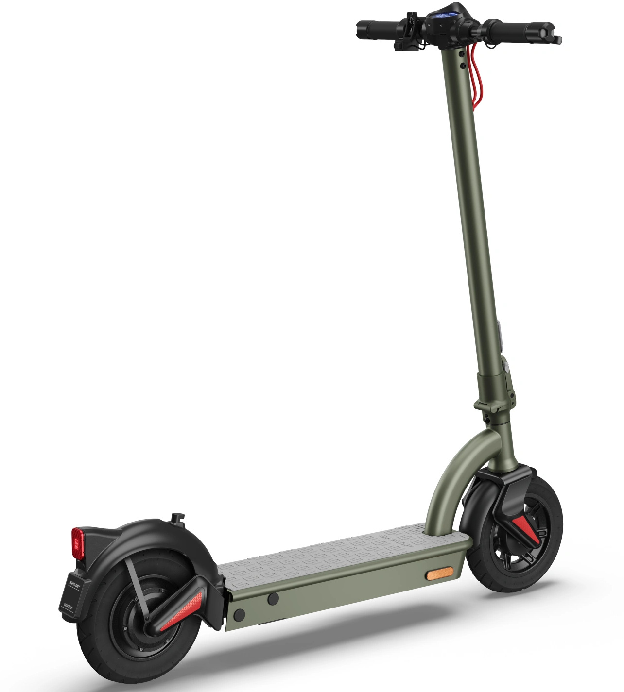 Oliwkowozielona hulajnoga elektryczna na białym tle. Ma czarne koła, czerwone światło stopu i wyświetlacz cyfrowy.