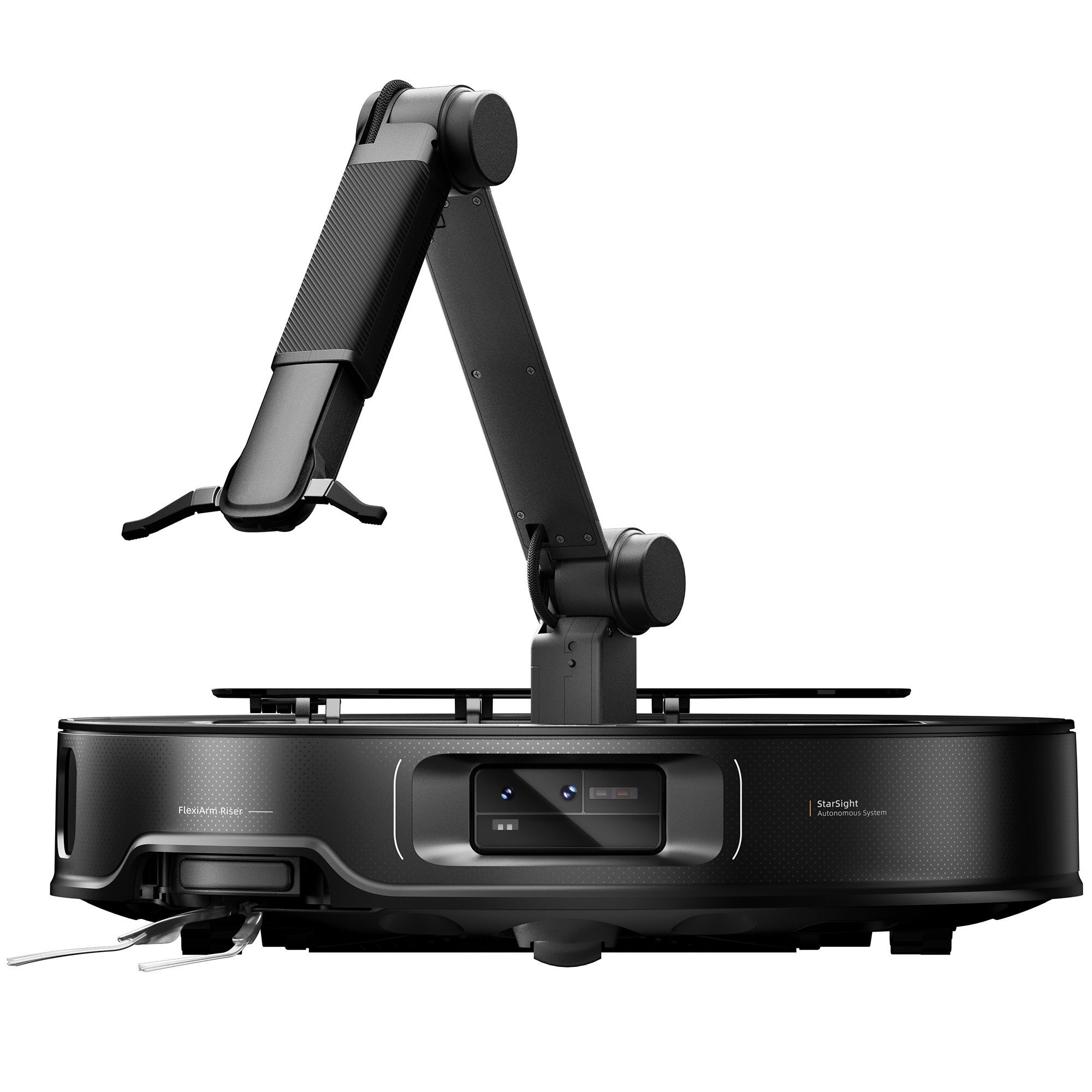 Czarny ramię robota z podstawą, kamerą i szczotkami czyszczącymi, oznaczone 'FlexiArm Riser' i 'StarSight'.
