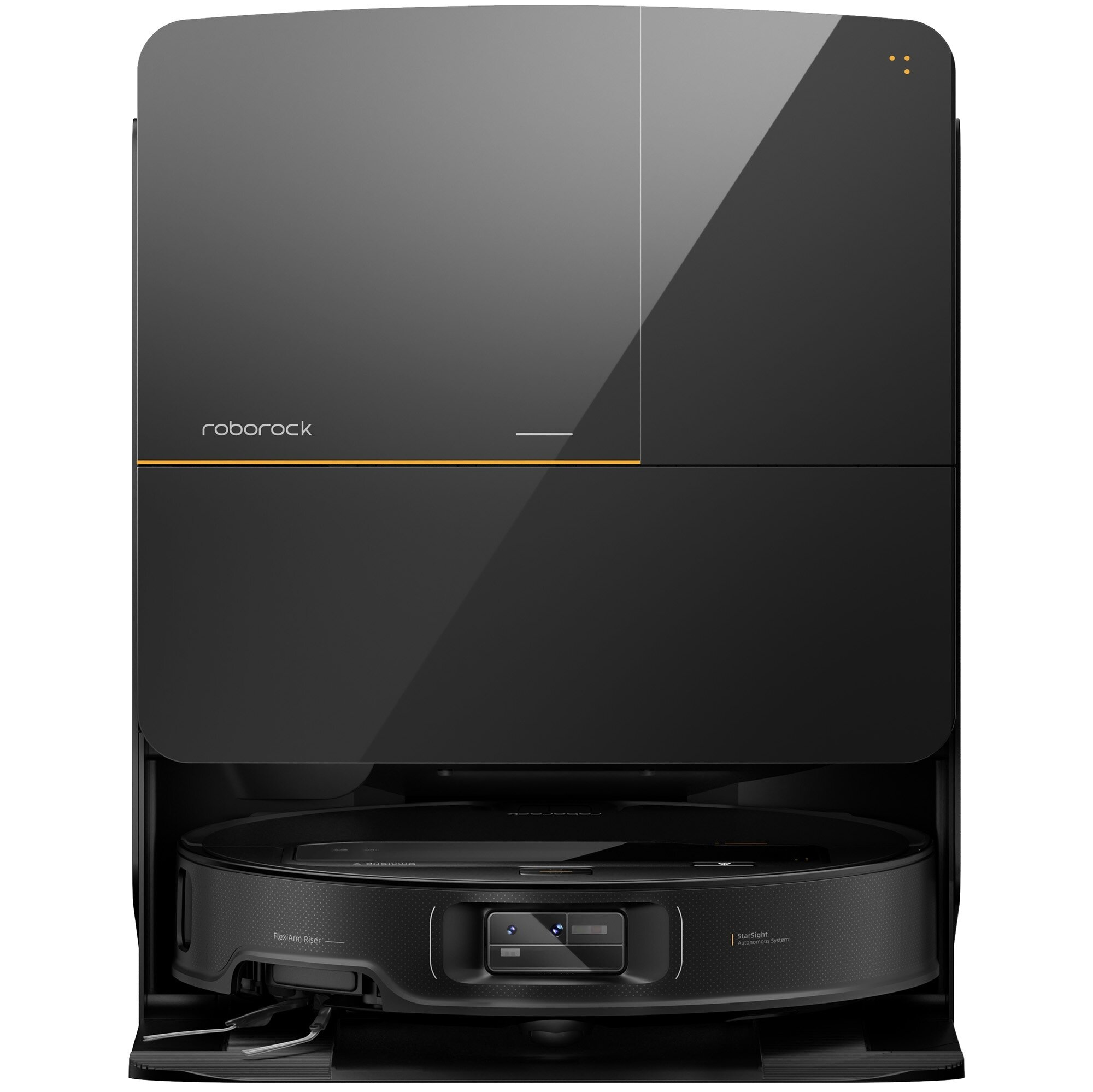 Czarny robot odkurzający Roborock i stacja dokująca. Odkurzacz ma okrągłą podstawę, a stacja jest prostokątna.