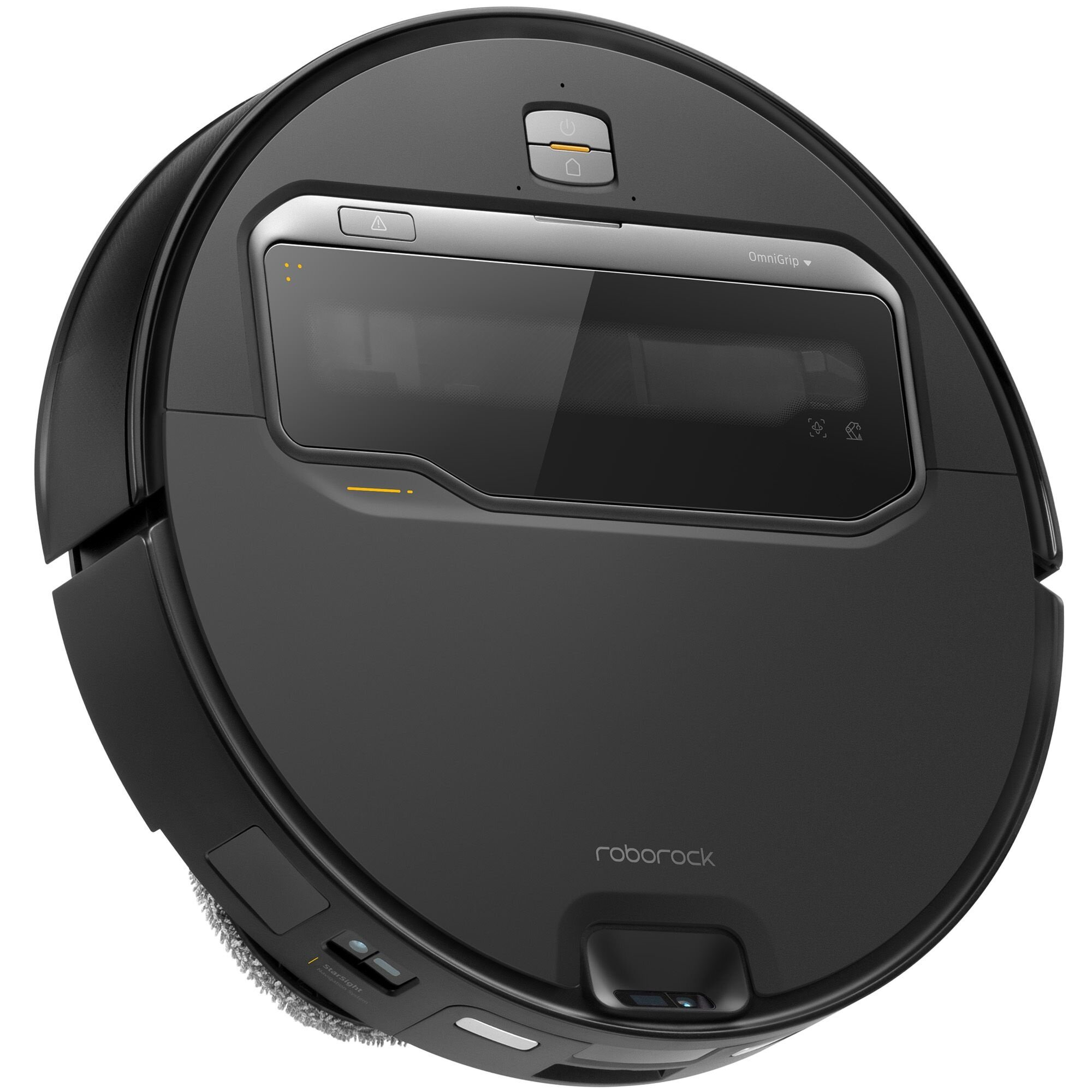 Czarny, okrągły odkurzacz robot z centralnym wyświetlaczem i logo Roborock. Posiada przyciski i czujniki.