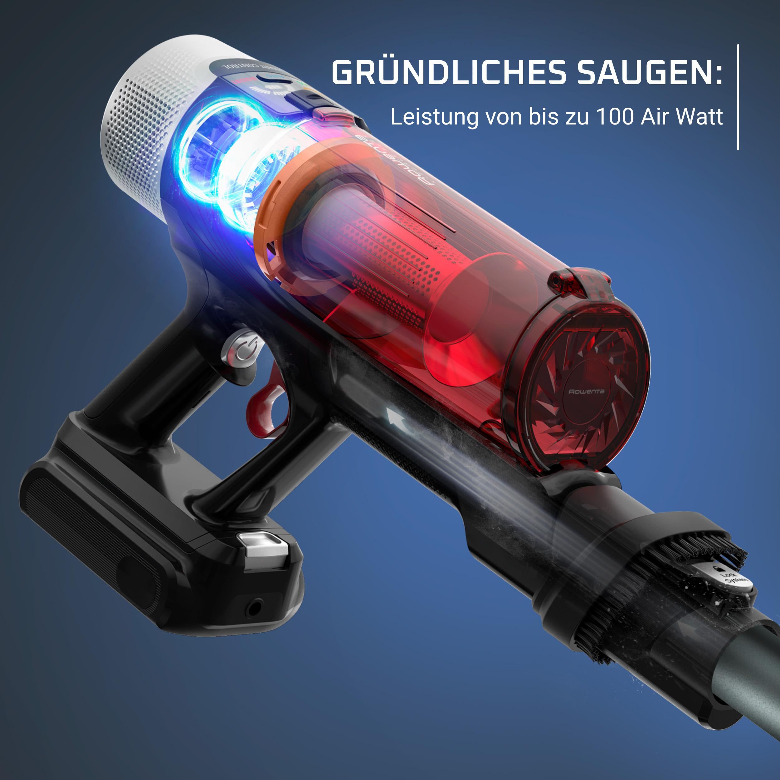 Nahaufnahme des rot-schwarzen Motors eines Staubsaugers. Text auf Deutsch beschreibt es.