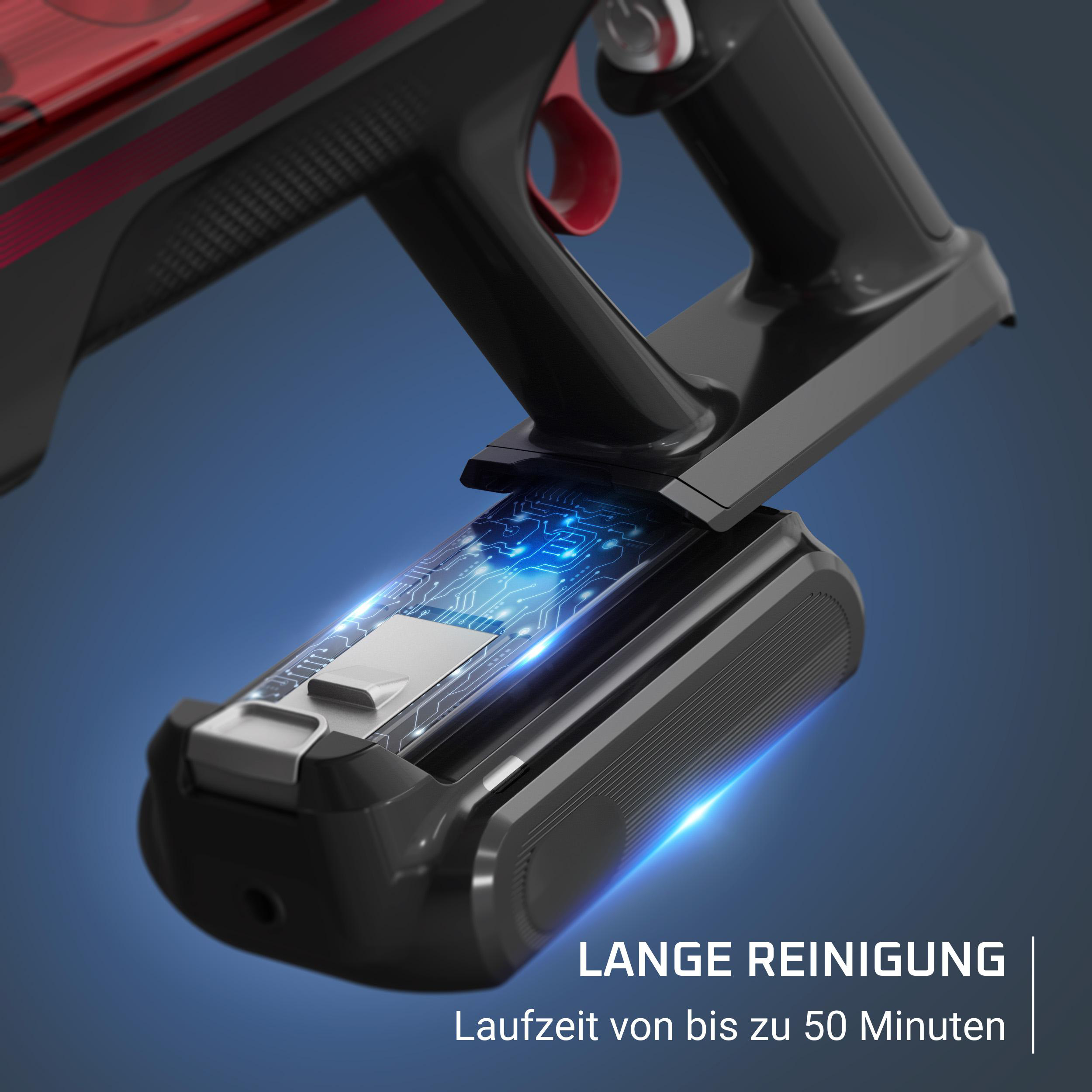 Eine Nahaufnahme zeigt das Batteriefach des Staubsaugers. Text auf Deutsch hebt die lange Laufzeit hervor.