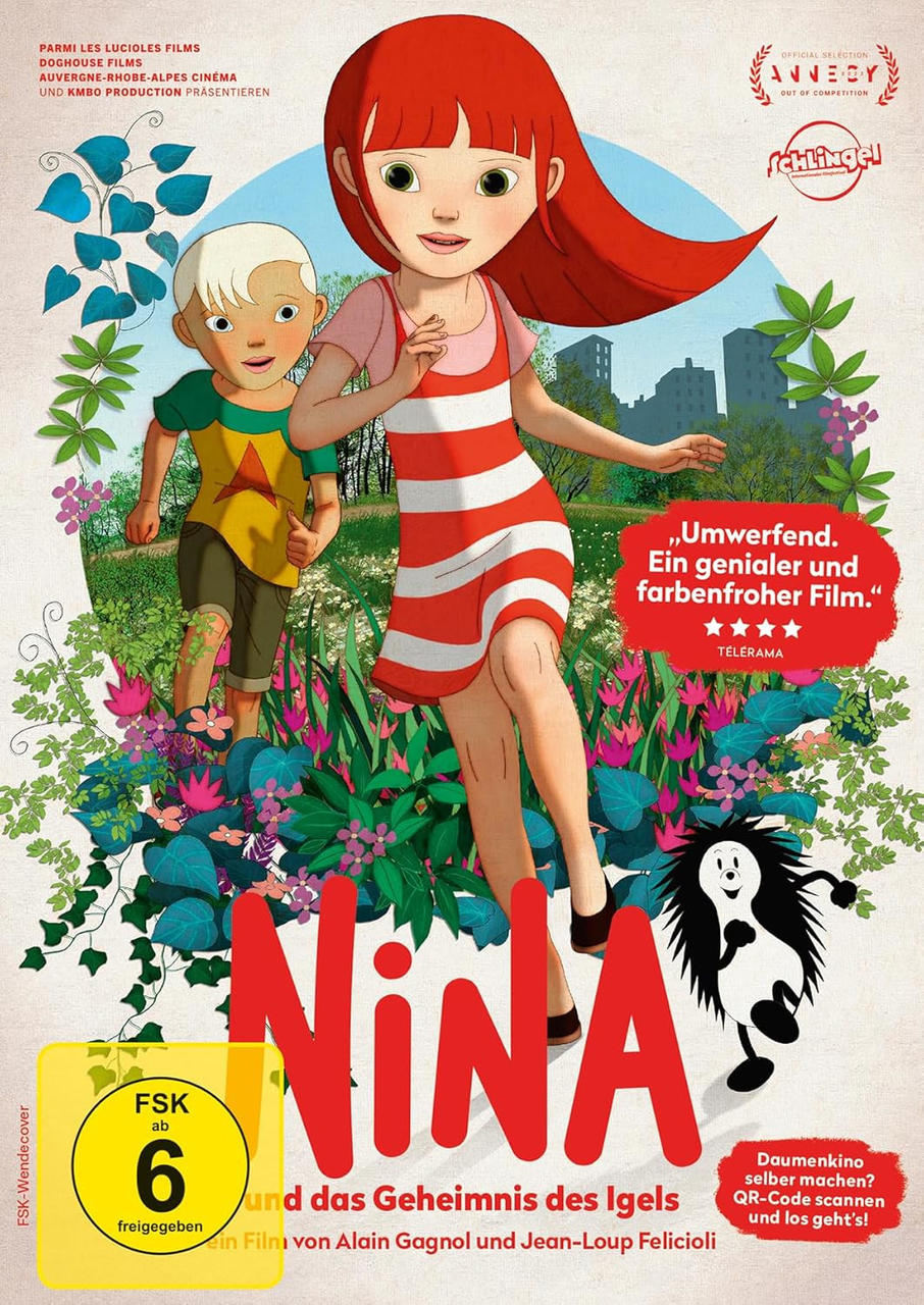 Poster für „Nina und das Geheimnis des Igels“. Mädchen im roten Kleid rennt mit Junge. Igel und Blumen sind im Vordergrund.