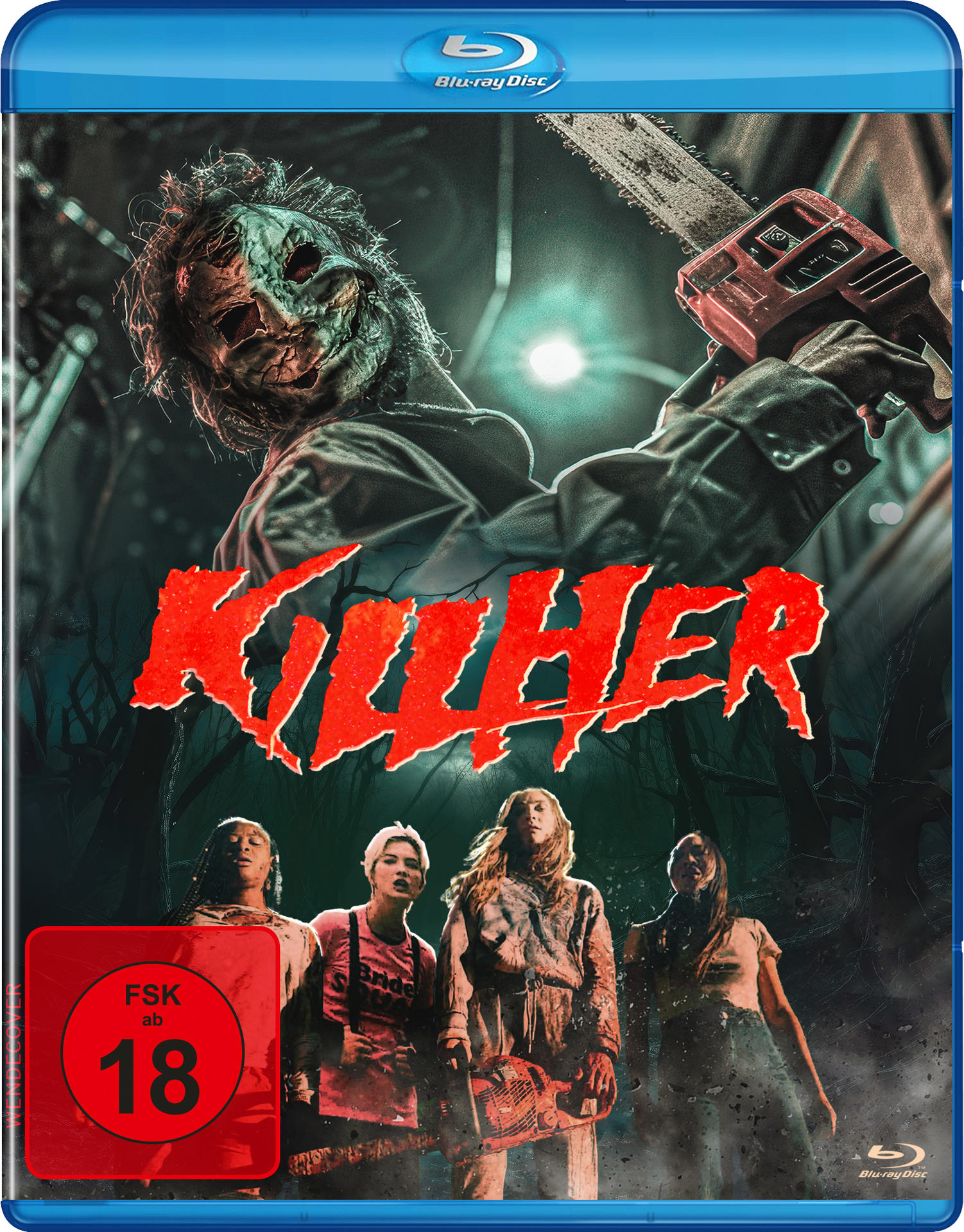 Ein Blu-ray-Cover zeigt eine maskierte Figur mit einer Kettensäge, das Wort "KILLER" in Rot und mehrere Frauen. FSK 18-Bewertung.