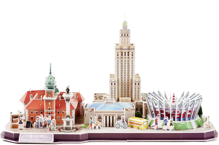 Papierowy model Warszawy z budynkami, ludźmi i autobusem. Zawiera Pałac Kultury i Nauki.