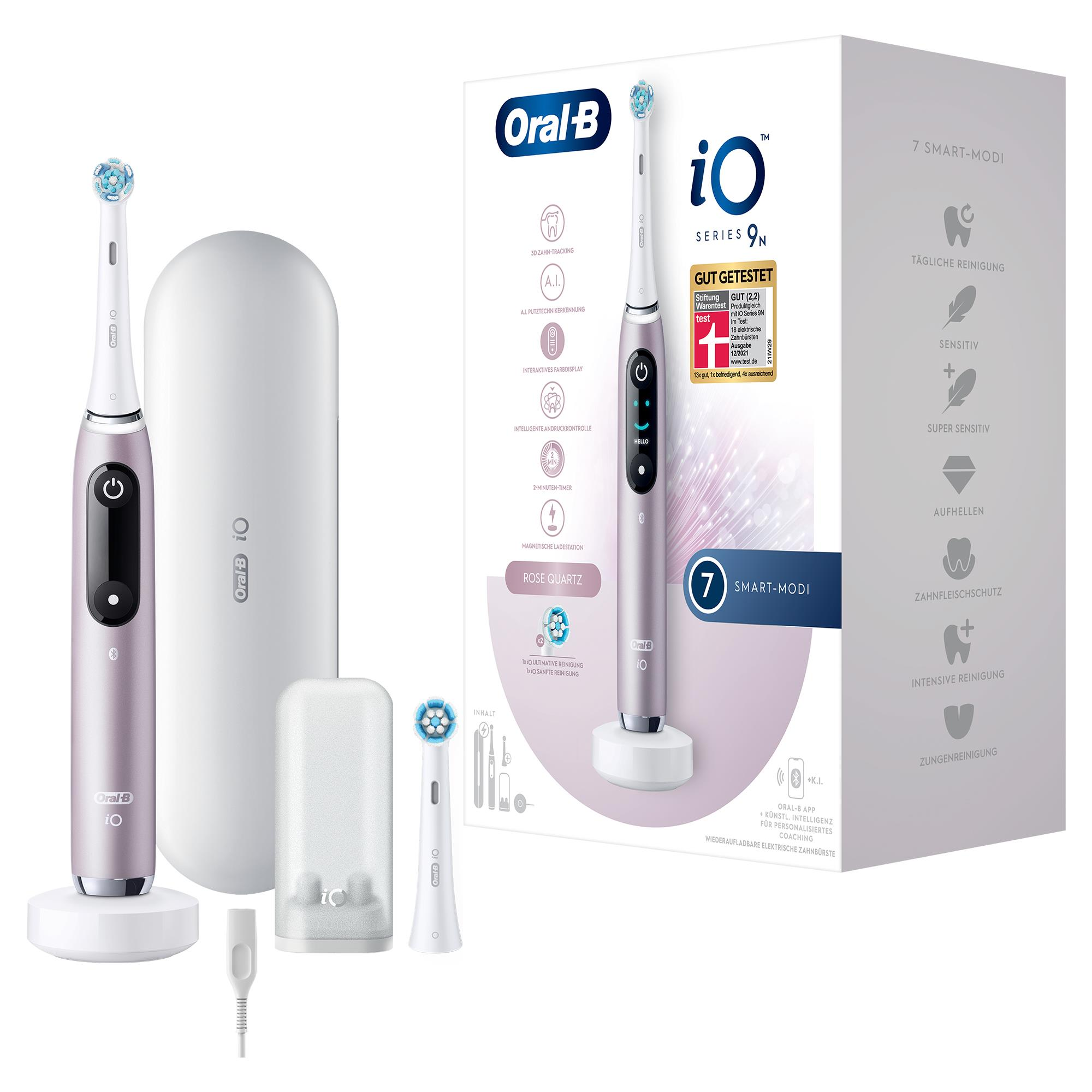 Oral-B iO Series 9N elektrikli diş fırçası, Gül Kuvars rengi, aksesuarlar ve ambalaj ile.