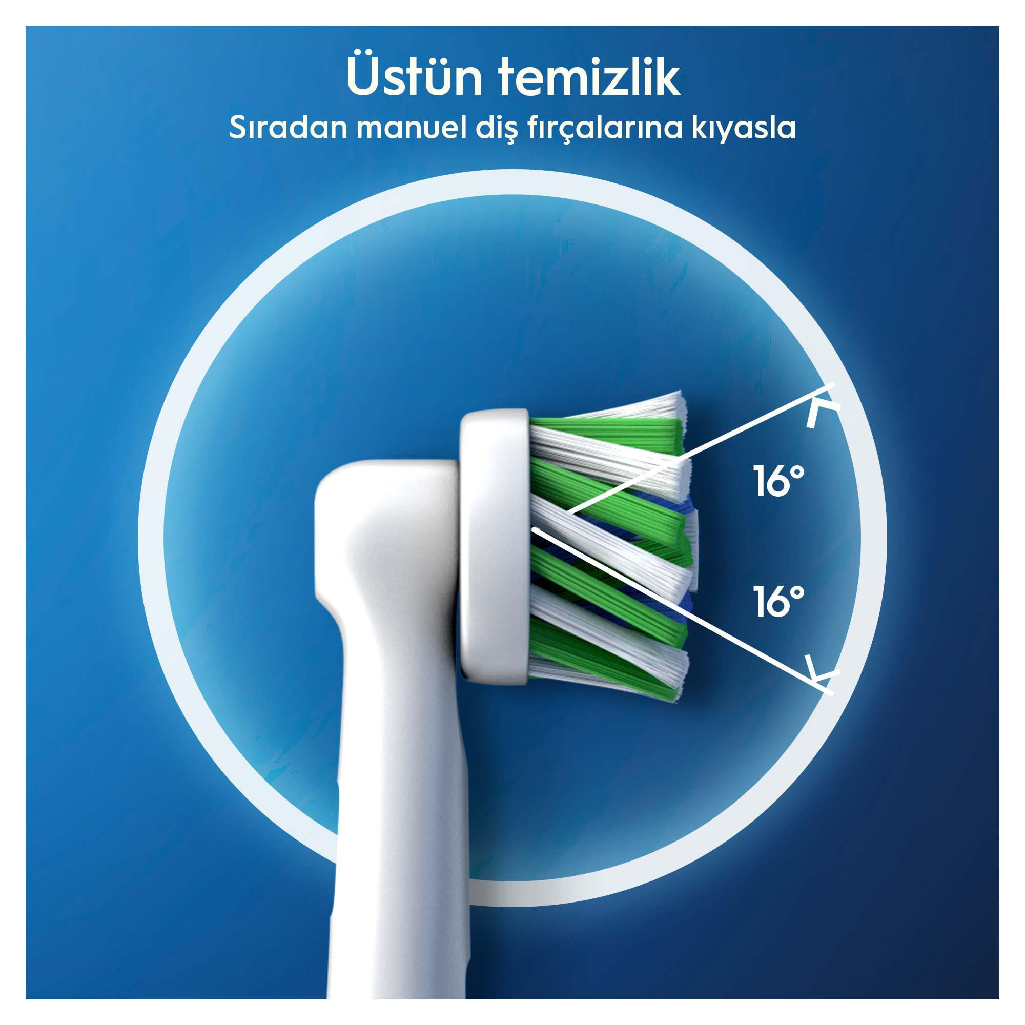 Mavi arka plan üzerinde, 16 derece açılı, yeşil ve beyaz kıllı beyaz bir diş fırçası başlığının yakın çekimi.
