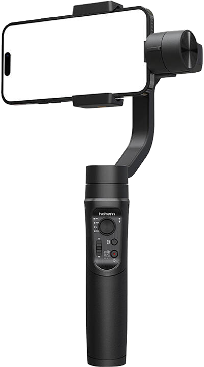 Fekete kézi gimbal telefon tartóval. Gombok és kezelőpanel található rajta. Fehér háttér.