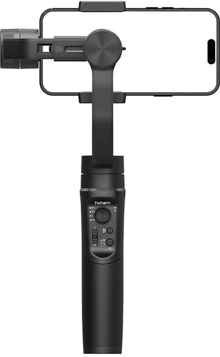 Fekete okostelefon gimbal. A telefon fel van szerelve. A gimbal gombokkal, képernyővel és fogantyúval rendelkezik. Hohem márkanév látható.